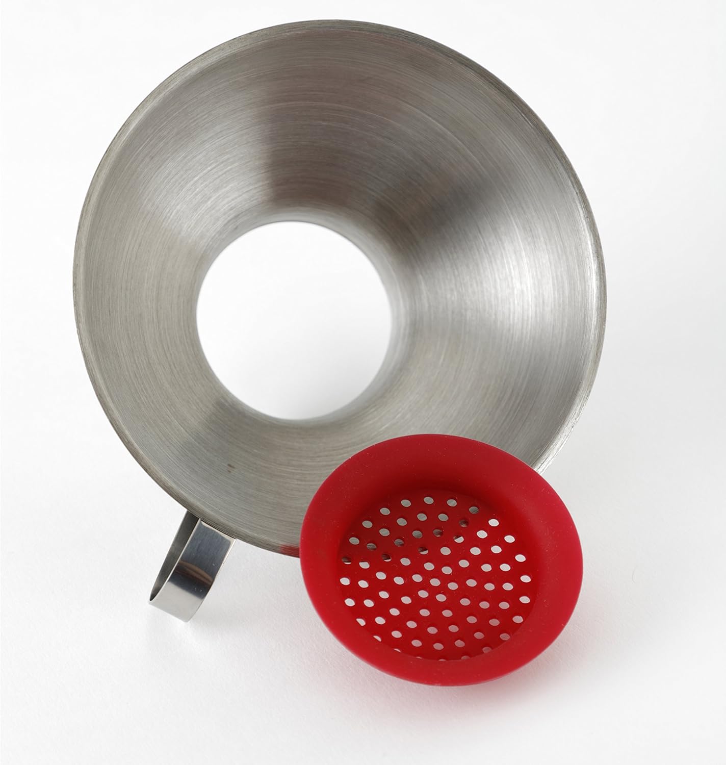 Norpro Stainless Steel Wide Mouth Funnel with its red silicone strainer removed and placed beside it.