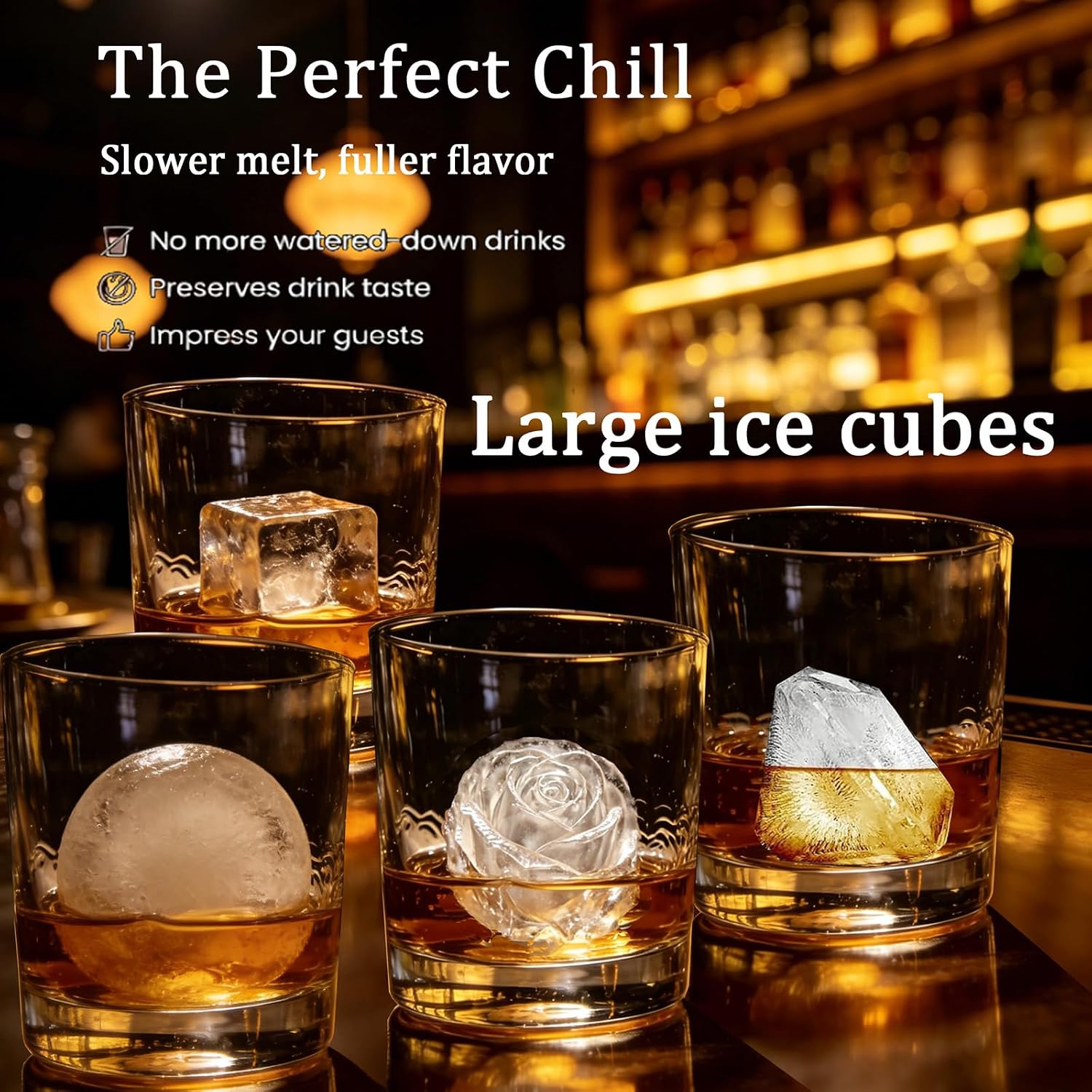 3 Pcs Silicone Ice Cube Trays with Lids, Large Ice Cube Molds for Whiskey, 1.8 Inch Square Ice Cube Tray + Round Ice Cube Mold + 3+3 Rose & Diamond Shapes, Easy Release Ice Trays for Freezer, BPA-Free