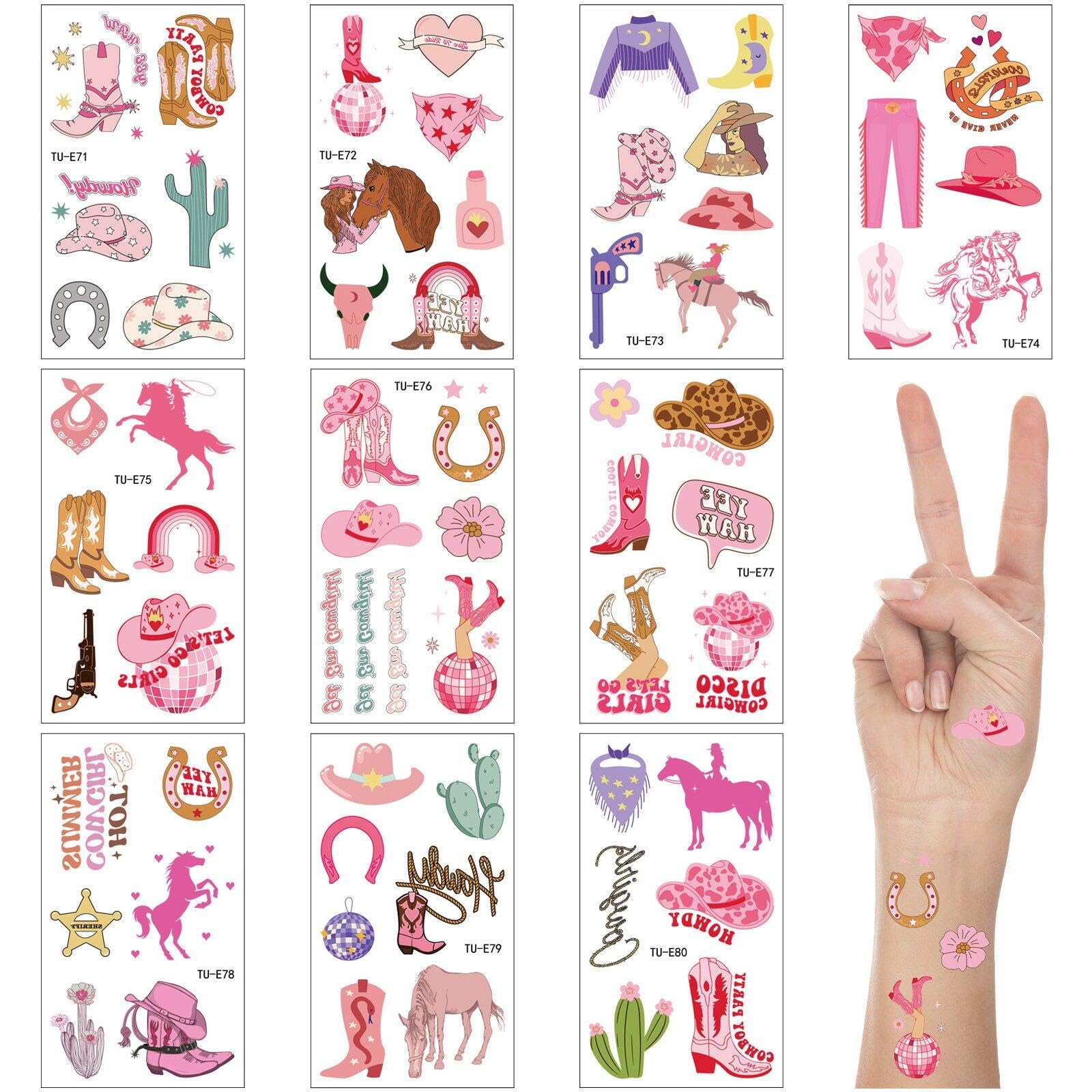 Casiler Women's As Shown 10 Sheets Pink Cowgirl Temporary Tattoos Party Decorations Fake Tattoo Stickers Retro Waterproof Tattoos Cowgirl Accessory Party Favors