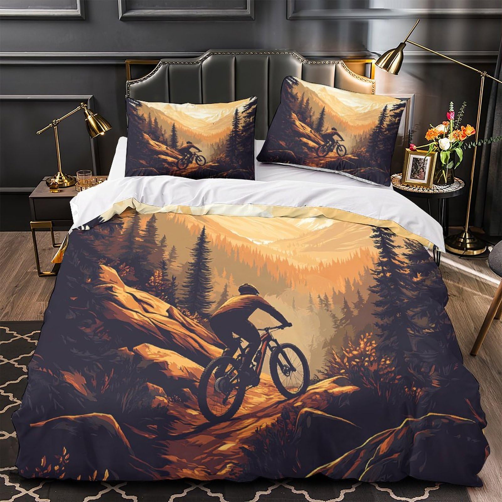 MMDASBVPE Mountain Biking Trail Comforter Cover 3D Print Luxury 3 Pcs Bed Set Hidden Zipper Quilt Cover Hypoallergenic All Season for Women Teens Kids Girls Boys Youth Teenagers Double（200x200cm）