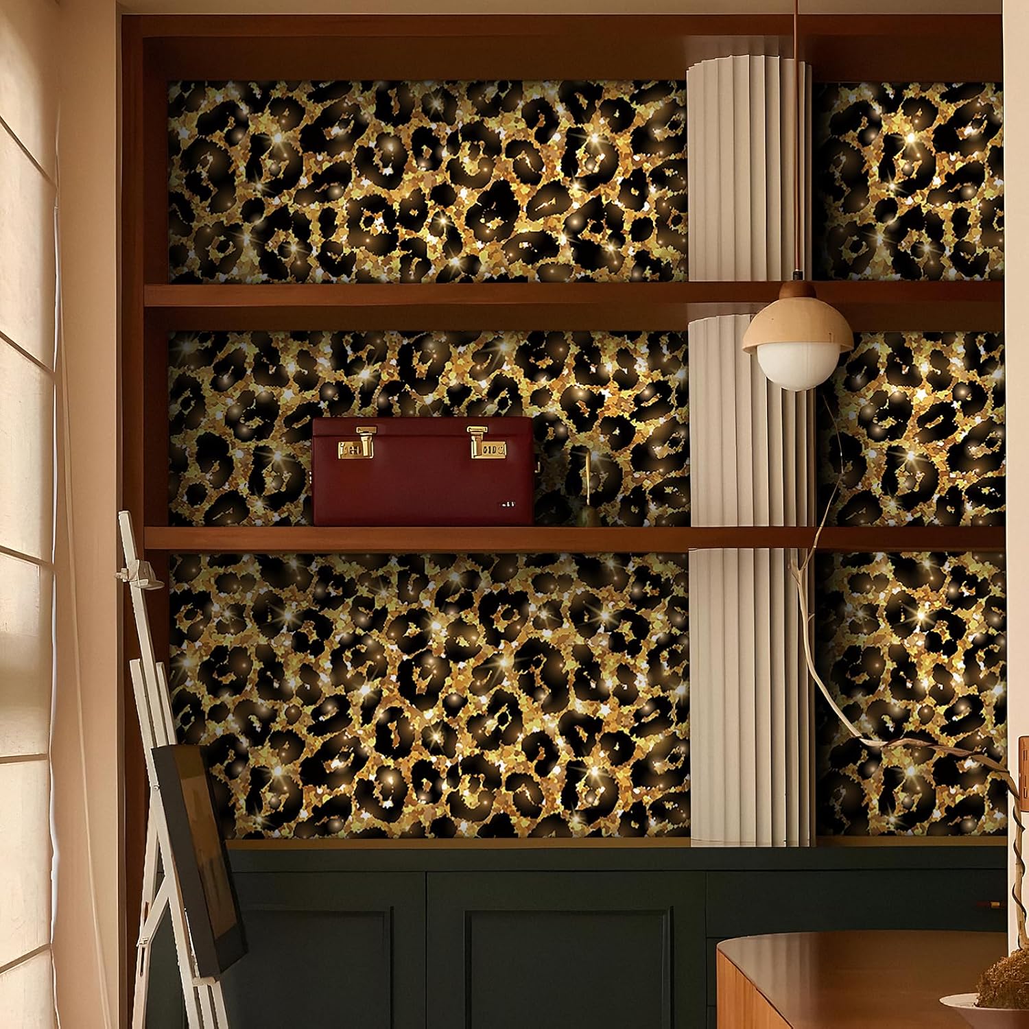 Livelynine 17.5x276 Glitter Cheetah Wallpaper Peel and Stick Black Gold Leopard Print Wallpaper for Bedroom Girls Walls Renter Friendly Removable Leopard Contact Paper for Desk Cabinets Classroom