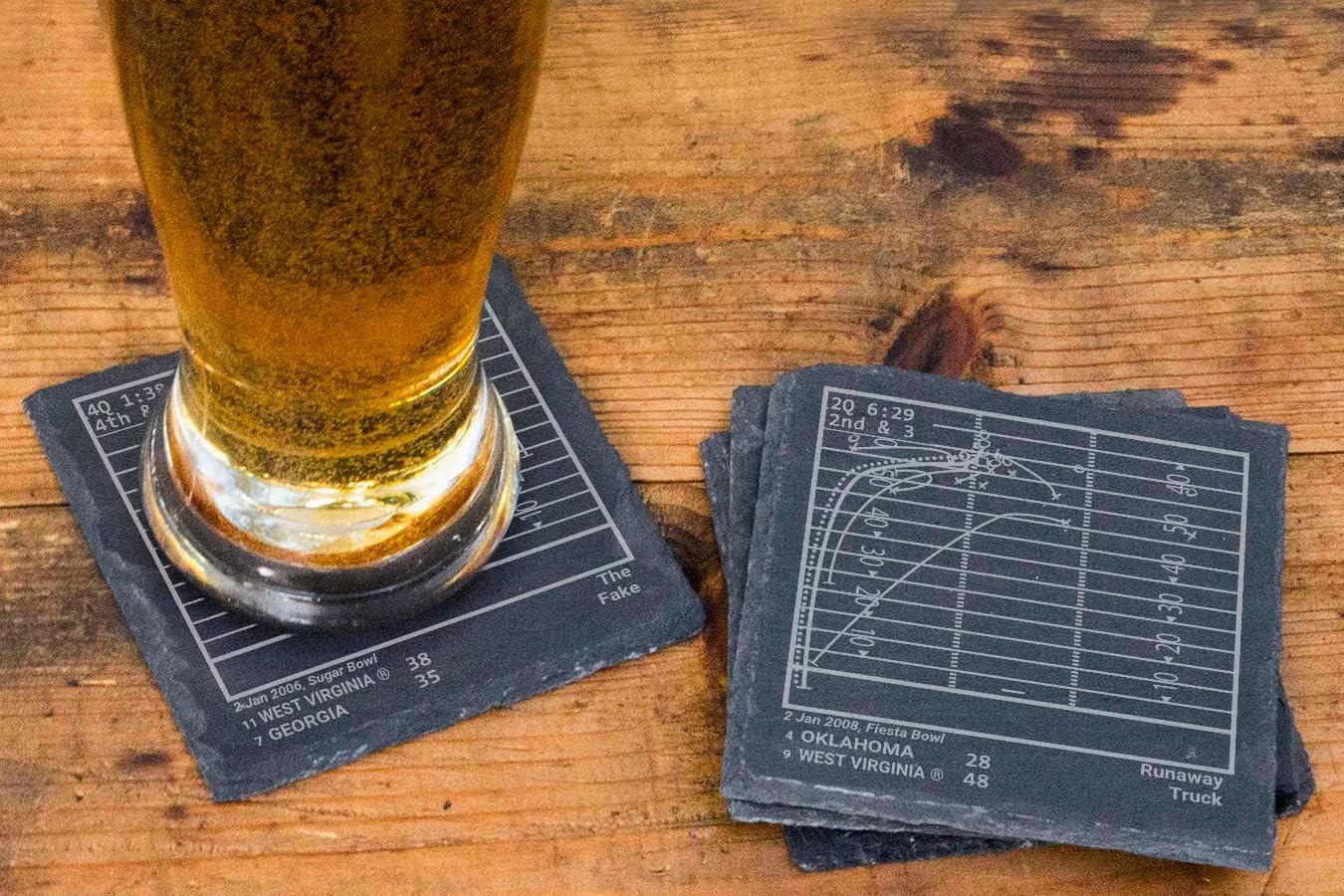Greatest West Virginia ® Football Plays: Slate Coasters (Set of 4) | Iconic College Football Moments | Unique Gift for Sports Fans