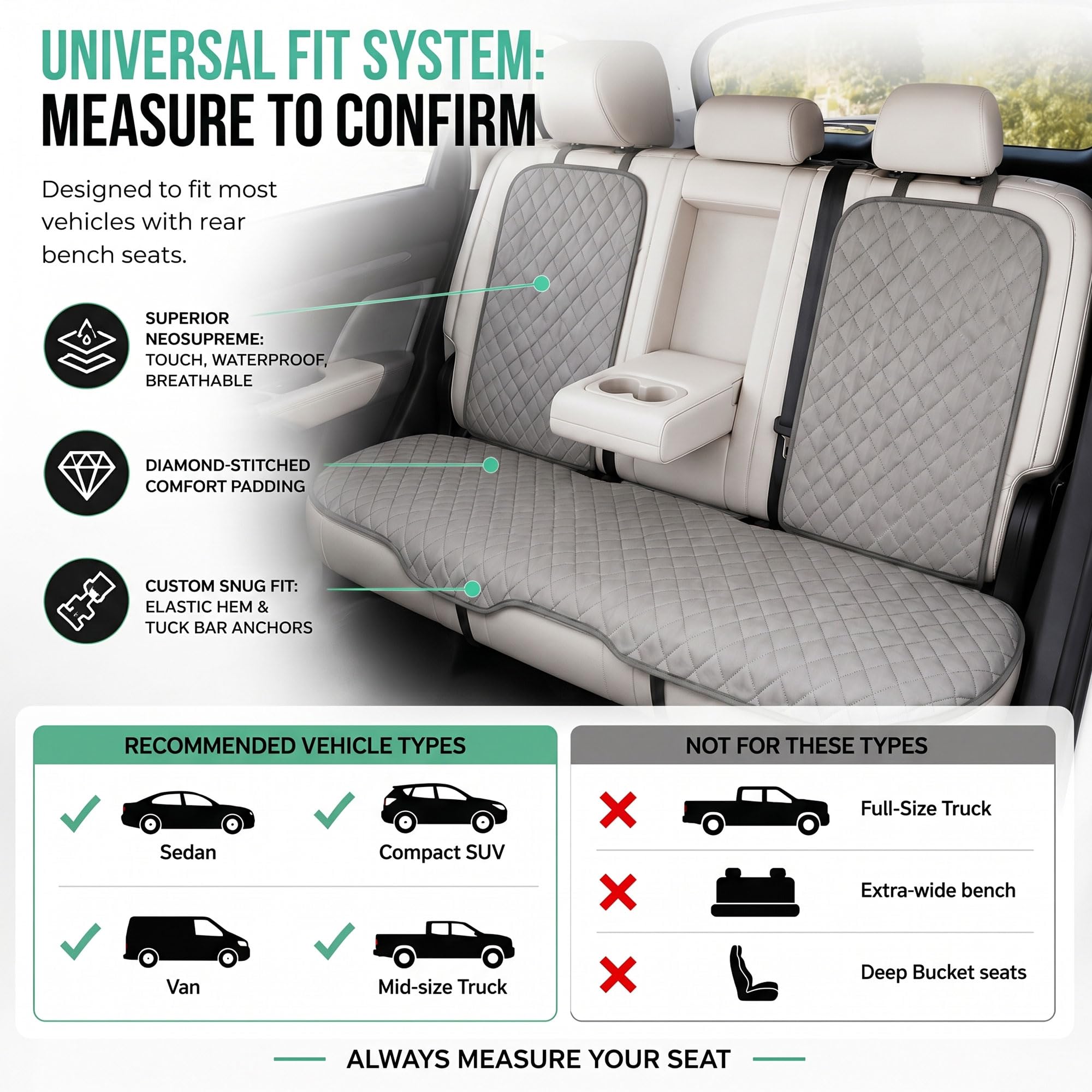 FH GROUP Neosupreme Autositzkissen, universelle Passform, Autositzkissen, Autositzkissen mit Rutschfester Silikon-Rückseite, für SUV, Limousine, Van, Rücksitz-Set, Grau
