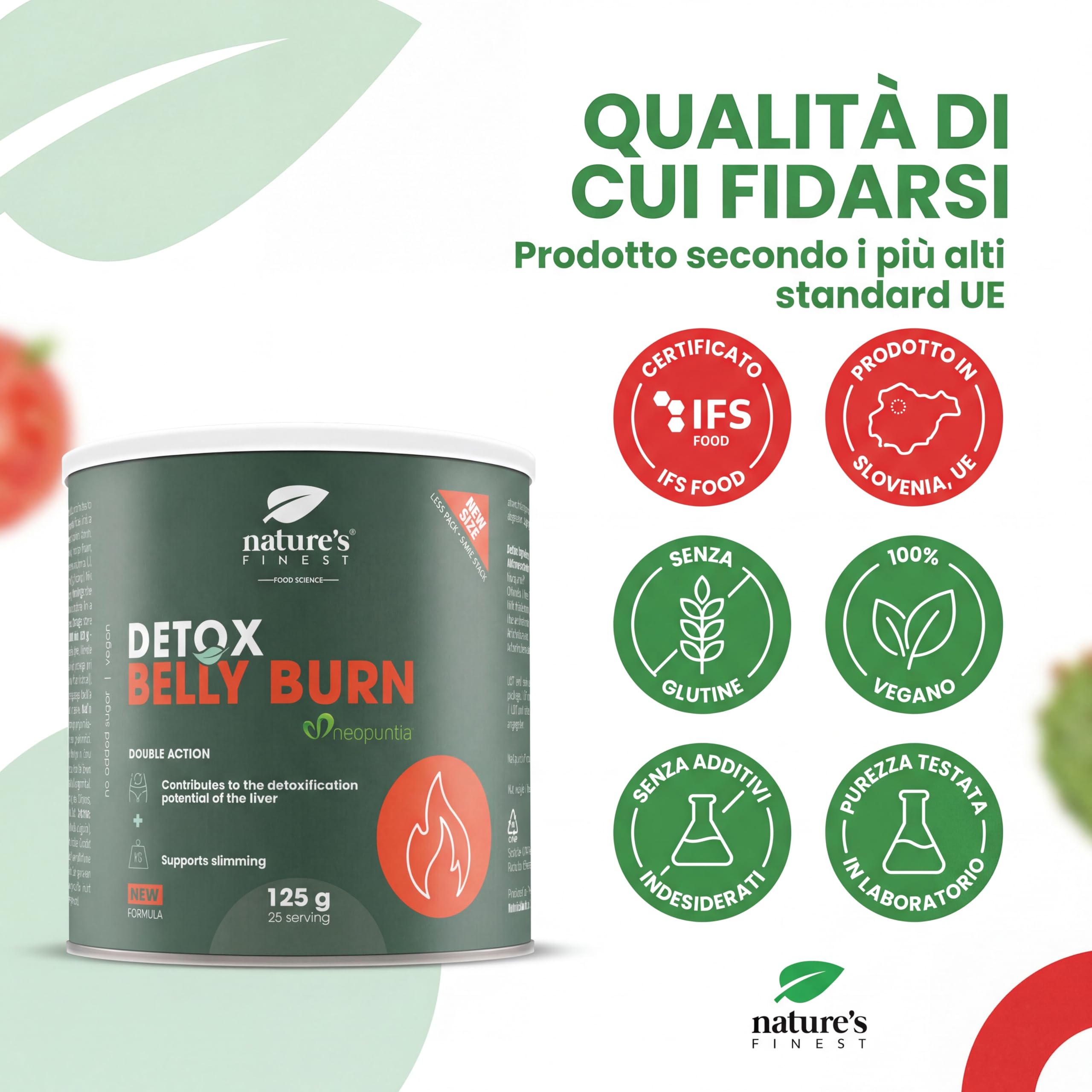 Nature’s Finest Detox Belly Burn - Integratore Detox in Polvere con Cardo Mariano, Carciofo, Clorella e Opuntia (Nopal) - Formula Vegetale, Vegana, Senza Glutine - 125 g