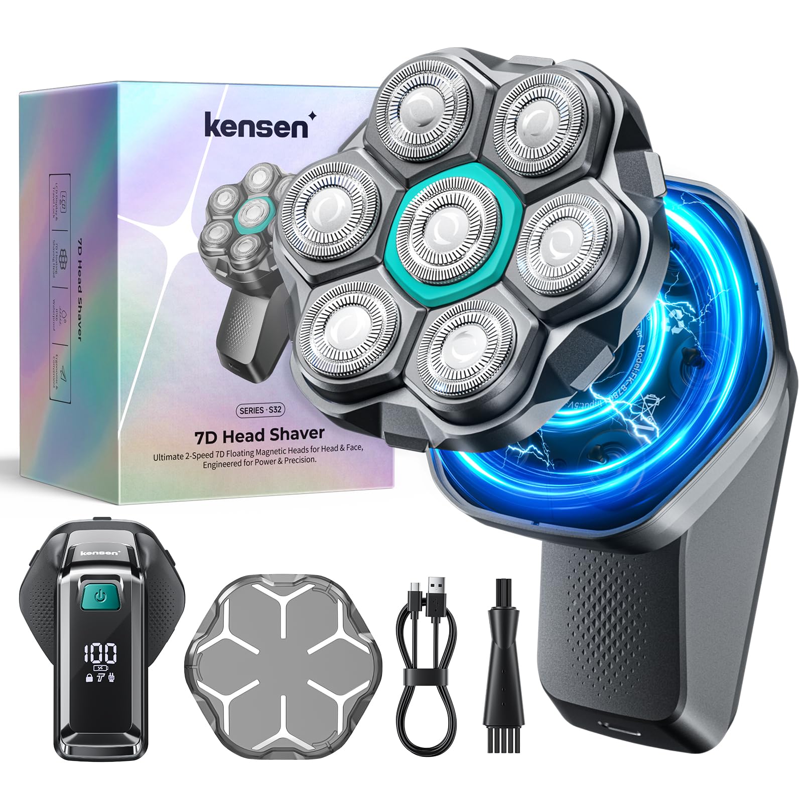7D Head Shavers for Bald Men, kensen Upgrade 7D Head Shavers, Ergonomic Comfort-Grip Handle, 2 Speed Settings, Long Battery Life Bald Razor, IPX6 Waterproof Wet/Dry Shaving, LED Display with Type-C Charge