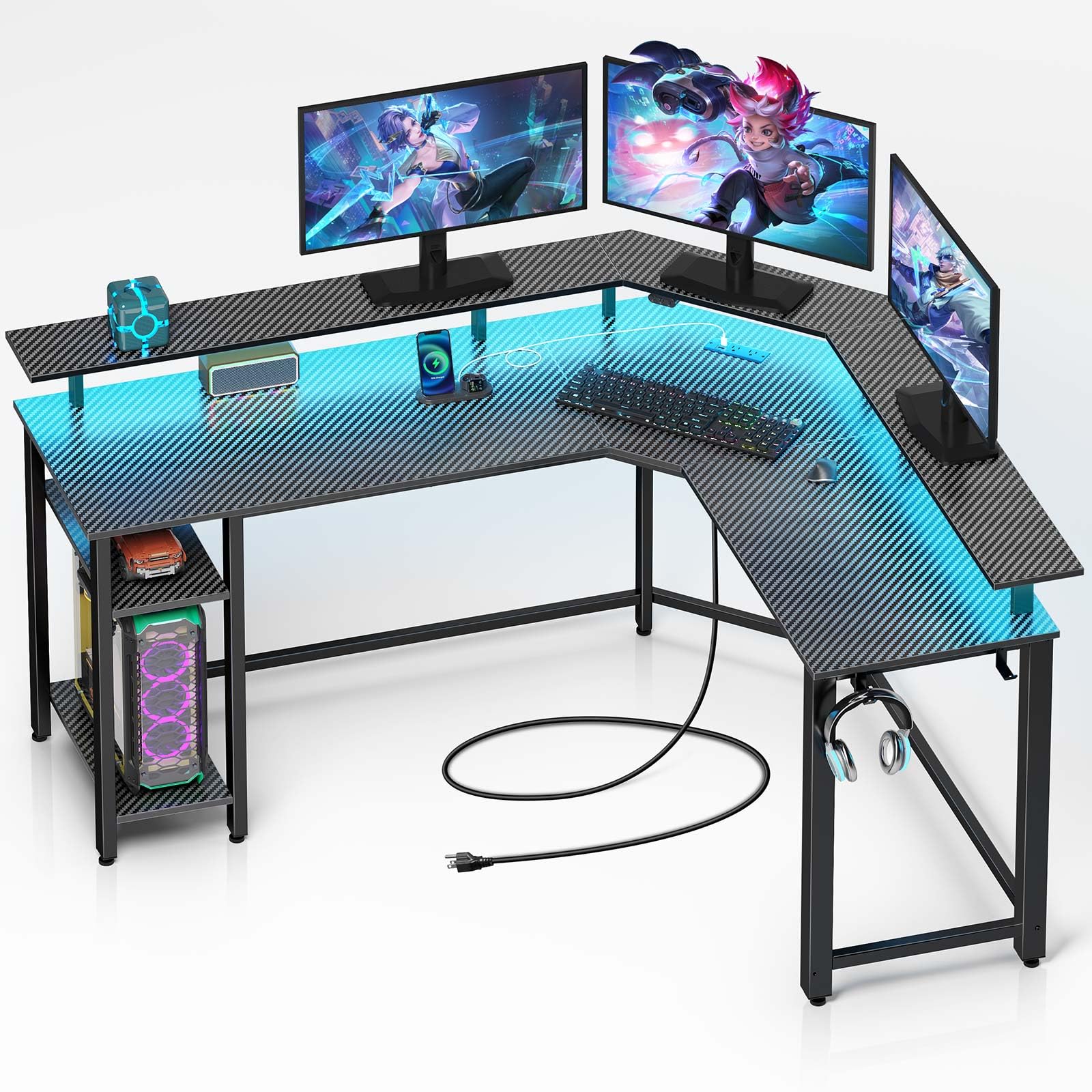Rolanstar Computer Desk 46.2" with Power Outlets USB Ports & LED Strip,Reversible L Shaped Desk with Monitor Stand & Storage Shelf,L Shaped Gaming Desk with Hooks,Home Office Desk,Carbon Fiber
