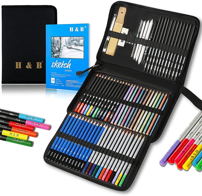 H & B Drawing Pencils and Sketch Pad 72 Pieces, Artist Colouring