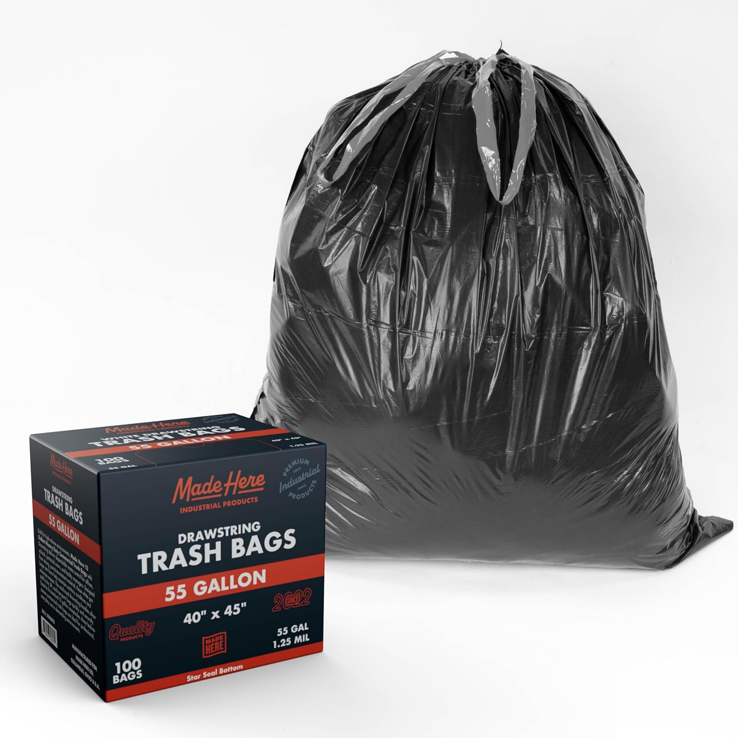 Made Here 55 Gallon Heavy Duty Commercial Trash Bags with Drawstring – Black Waste Can Liners for Office, Janitorial, and Facility Use, Leak-Resistant, 100 Count