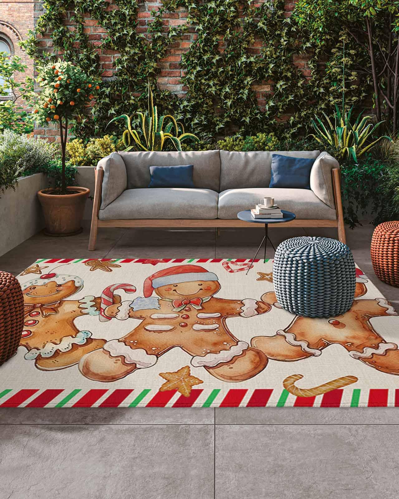 Christmas Outdoor Rug 4x6 ft Gingerbread Man Outdoor Large Area Rug Non Slip Candy Red Stripes Front Door Mat RV Camping Carpet Patio Outdoor Rugs for Backyard Balcony Indoor Xmas Holiday Decor