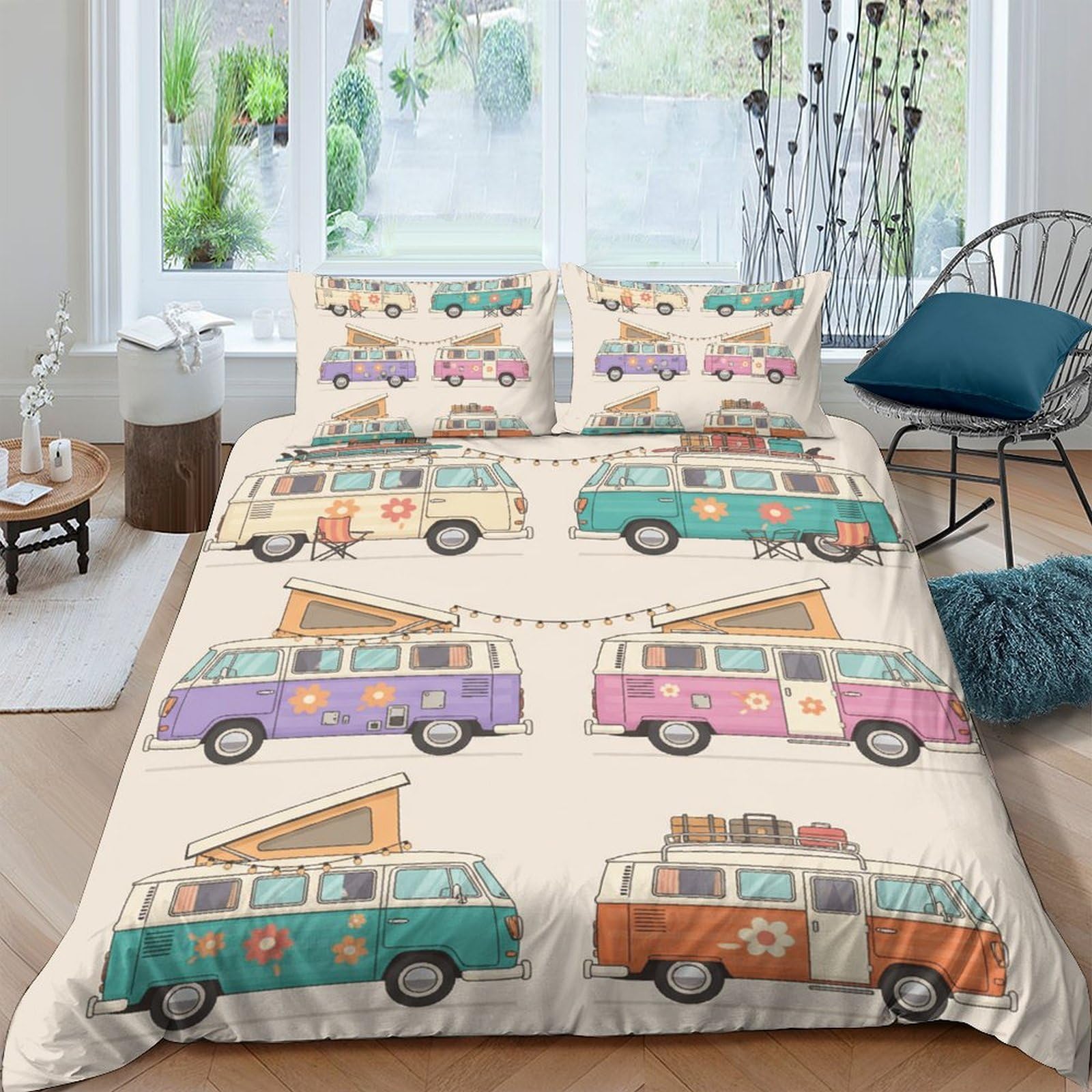 GPLZQXKJNH 3D Printed Vintage Camper Van Duvet Cover Microfiber Soft Breathable Retro Hippie Bedding Set with 2 Pillowcases for Bedroom Decor Single（135x200cm）