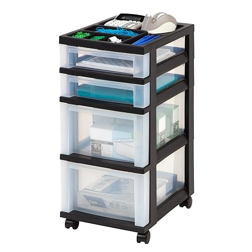IRIS USA Plastic Drawer Storage Organizer Rolling Cart, with Wheels Casters, 4-Drawers, for Classroom Art Craft Supplies Dresser Closet Bathroom Bedroom, Top Organizer for Small Parts, Black/Clear
