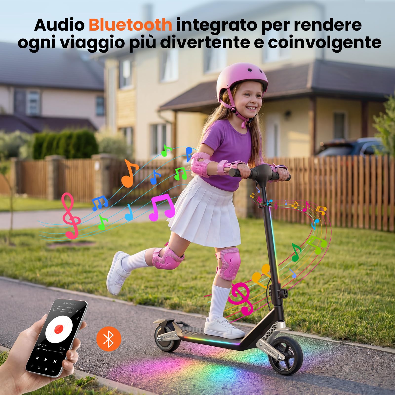 isinwheel Monopattino Elettrico Bambini K6,6-12 Anni,Ruote Piene 6,5",3 Velocità 5/10/16 km/h,Doppia Sospensione Anteriore/Posteriore,3 Modalità LED,Bluetooth,Pieghevole Regolabile,70 kg