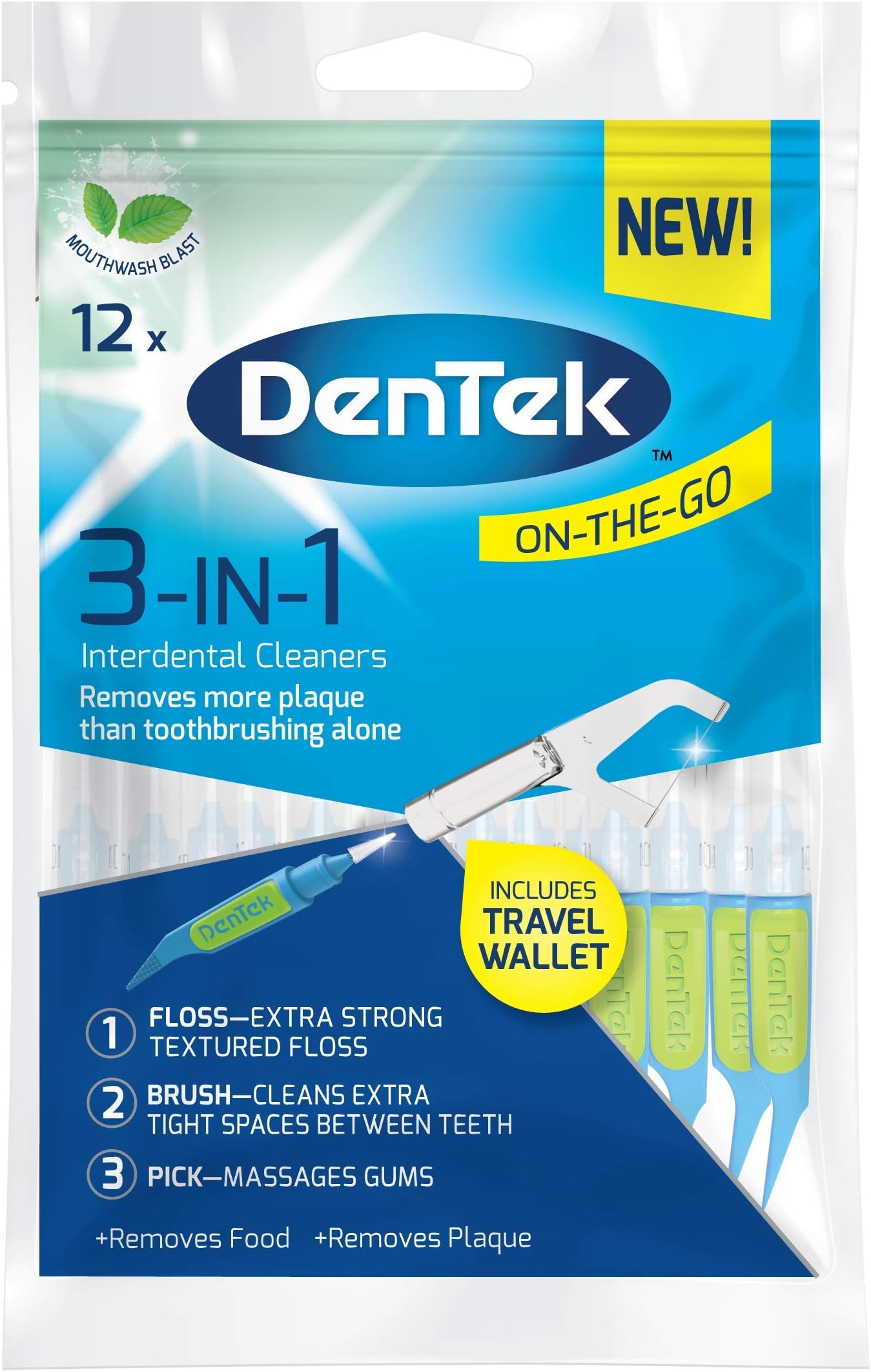 3-in 1 Interdental Cleaners - Features an Interdental Brush, Floss and Pick All in One, 12 Pack