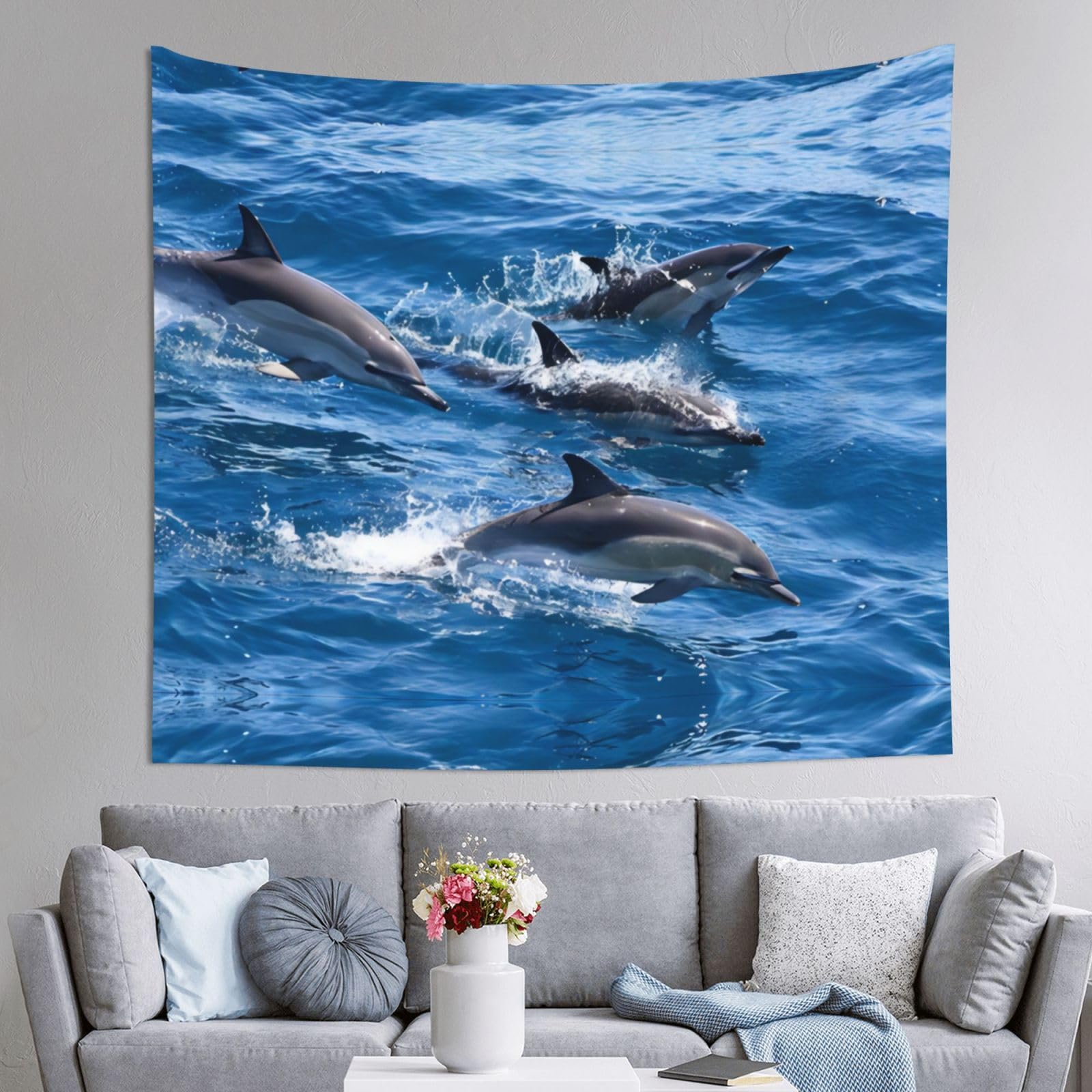HLSBSSL 60x51in Dolphins in the sea Printed Tapestry Tablecloth for Dormitory and Picnic Rooms - Multifunctional Fabric Hanging
