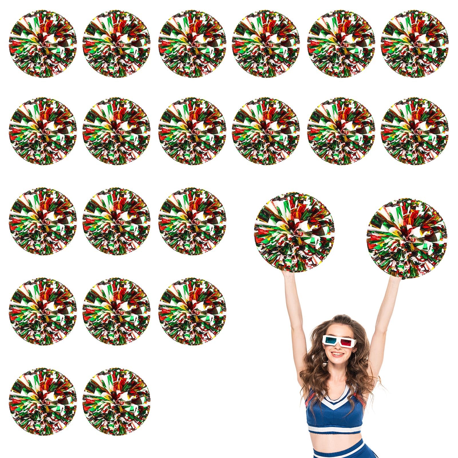 Lot de 20 pompons de pom-pom girl, 35cm, pour équipes sportives, entraînements de danse et fêtes, avec anneaux. (Couleur)