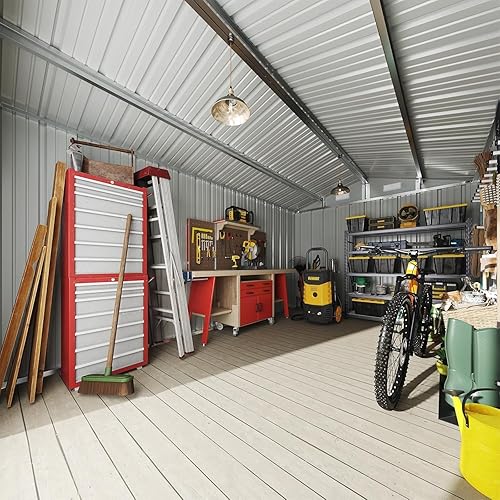 Vista 58 de Aoxun Cobertizo de almacenamiento al aire libre de 80 pies cúbicos impermeable para jardín, cobertizo de herramientas de metal, color marrón