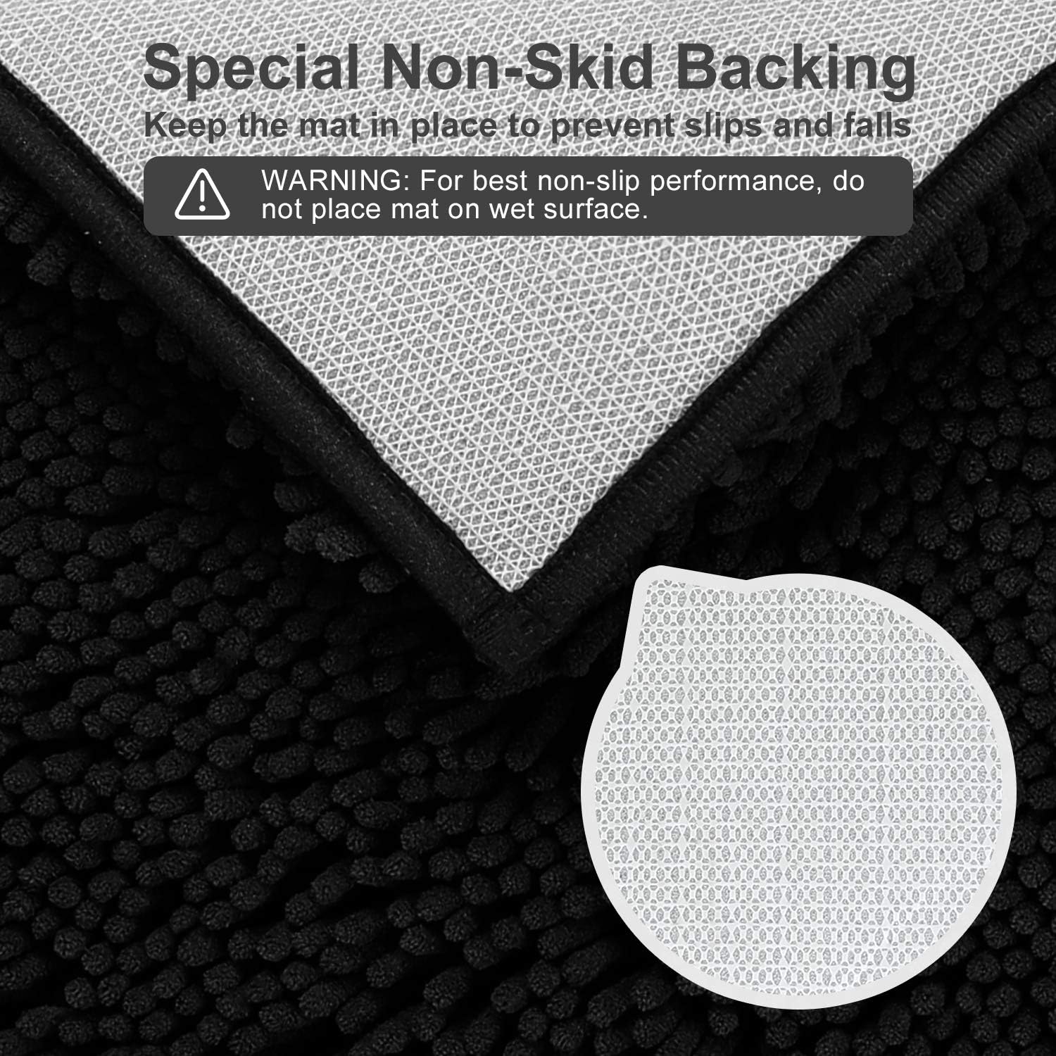 Colorxy Chenille Bath Rugs - Solid Shaggy Washable Bath Mat Non-Slip Bathroom Toilet Rug, Ultra Soft Plush with Water Absorbent for Commode Toilet Contour Rugs, 20''x24'', Black, U-Shaped