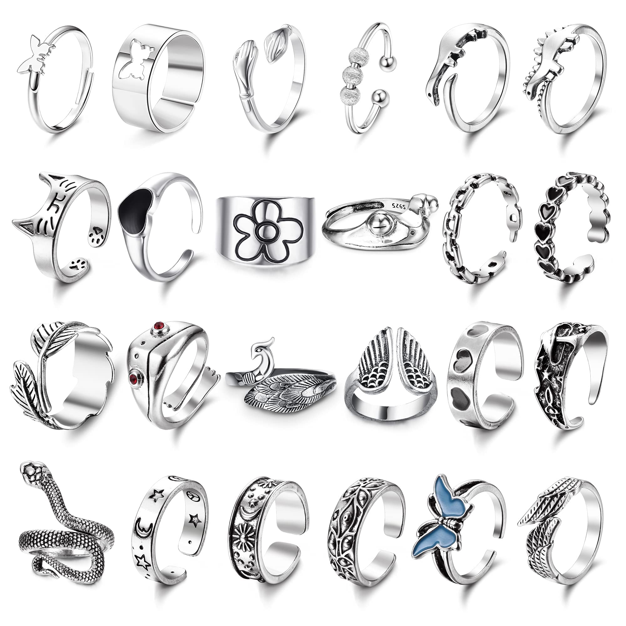 Dochais 16-24 Piezas Set Anillos Punk Vintage Plata, Anillos Góticos Fresco Ajustables, Anillos de Estilo Hippie, Calavera Rana Serpiente Pulpo Dragón Araña Animales Anillos para Hombres Mujeres