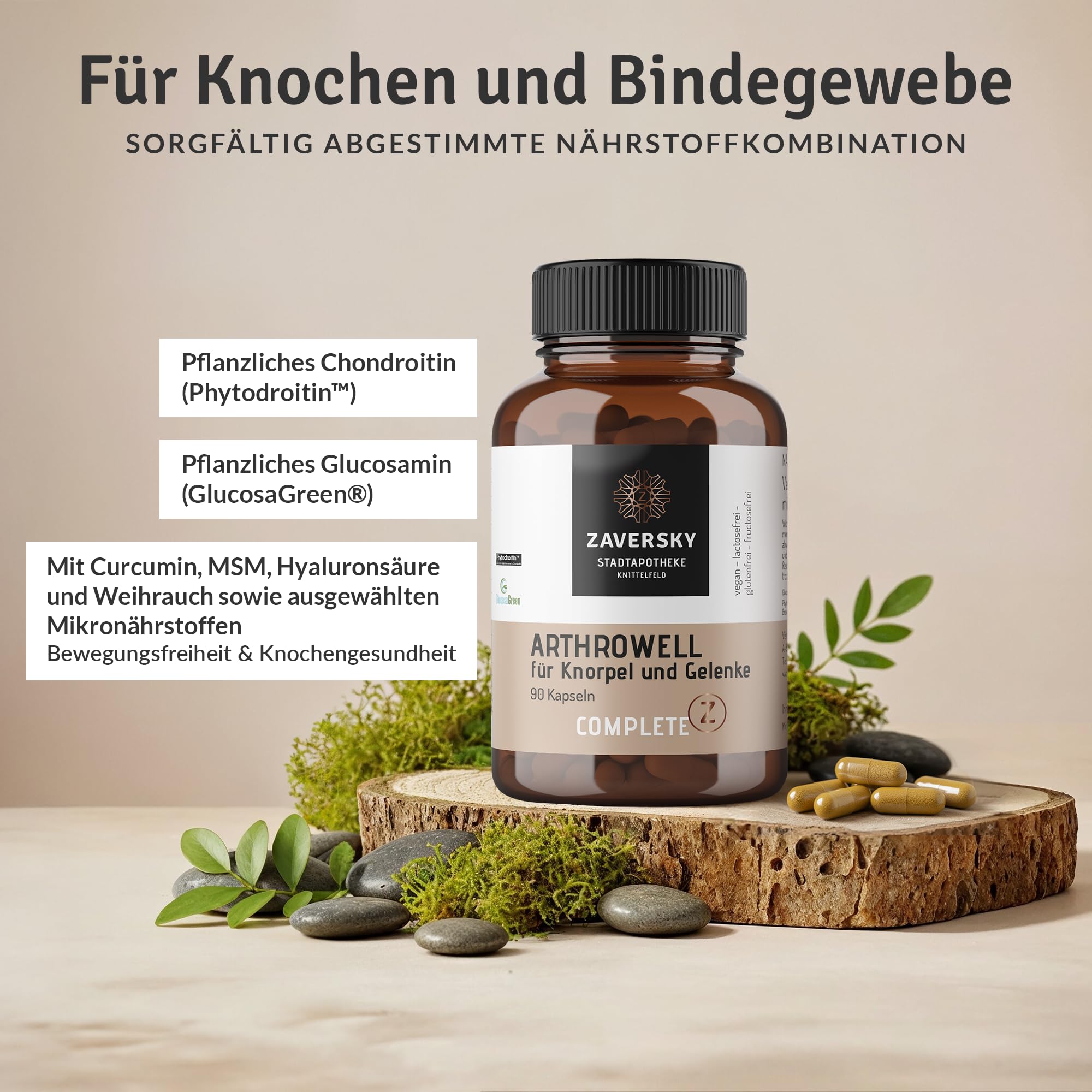 Arthrowell – Vegane Nahrungsergänzung mit pflanzlichem Glucosamin & Chondroitin – Mit MSM, Vitamin C, Curcuma & Hyaluronsäure – 90 Kapseln – Hergestellt in Österreich (1)
