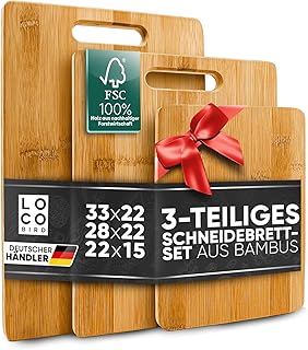 Loco Bird Schneidebrett Holz 3er Set - 33x22cm / 28x22cm / 15x22cm - Holzbrett für die Küche - messerschonender Holzschnei...