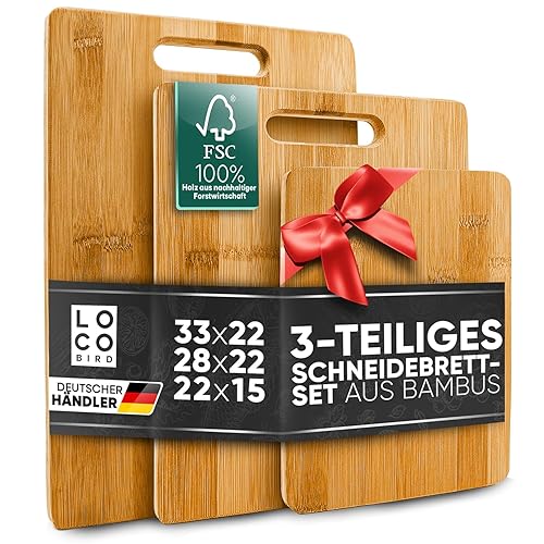 Loco Bird Schneidebrett Holz 3er Set - 33x22cm / 28x22cm / 15x22cm - Holzbrett für die Küche - messerschonender Holzschneidebrett, Chopping board, Küchenbrett, Kitchen Cutting Board Wood, Schneidbrett - 3er Set