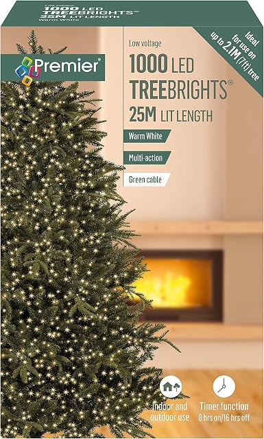 Premier Decorations - 1000 Multi Action TreeBrights LED Lights with Timer - Warm White