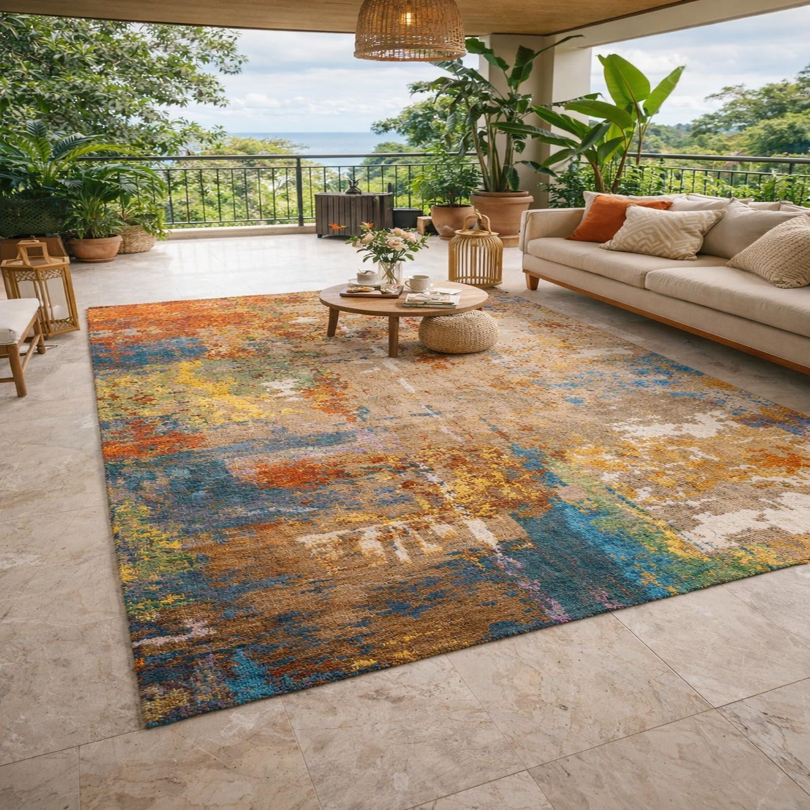 Tapis extérieur balcon et terrasse moderne étanche orange bleu