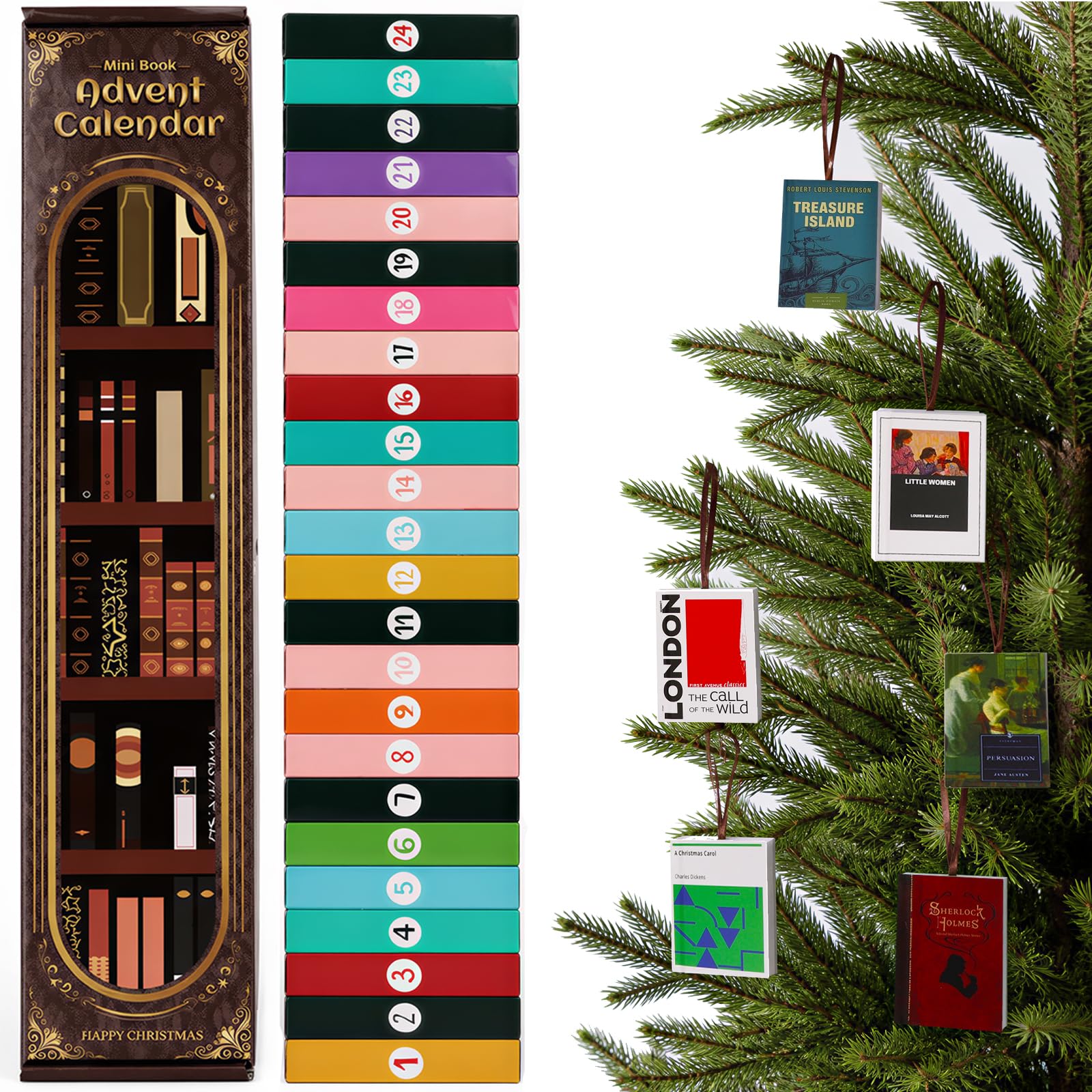 Adventskalender Mini Classic Buchset, 24 gebundene Weltliteratur-Bücher im Taschenformat, Dekoration für Schreibtisch oder Weihnachtsbaum – perfekt für Buchliebhaber und Sammler(Englische Fassung)
