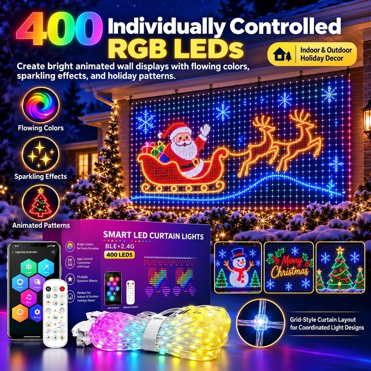 Smart RGB LED Curtain Lights, 400 LED Outdoor Wall Display with App&Remote
