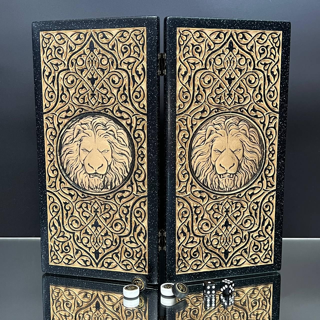 Backgammon de lujo "Golden Leon" – Juego hecho a mano de piedra acrílica y resina, tamaño mini 30 x 15 cm, listo para regalo, tamaño: 30 cm (11,8 pulgadas)