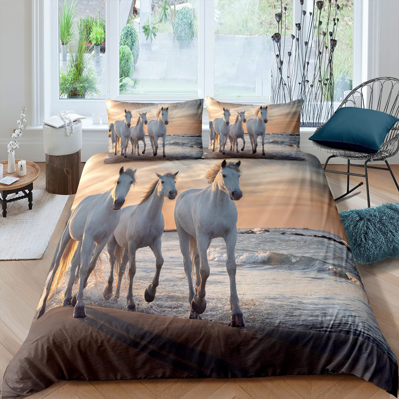 Housse de couette 240 x 260 cheval brun pour lit double avec taies d'oreillers