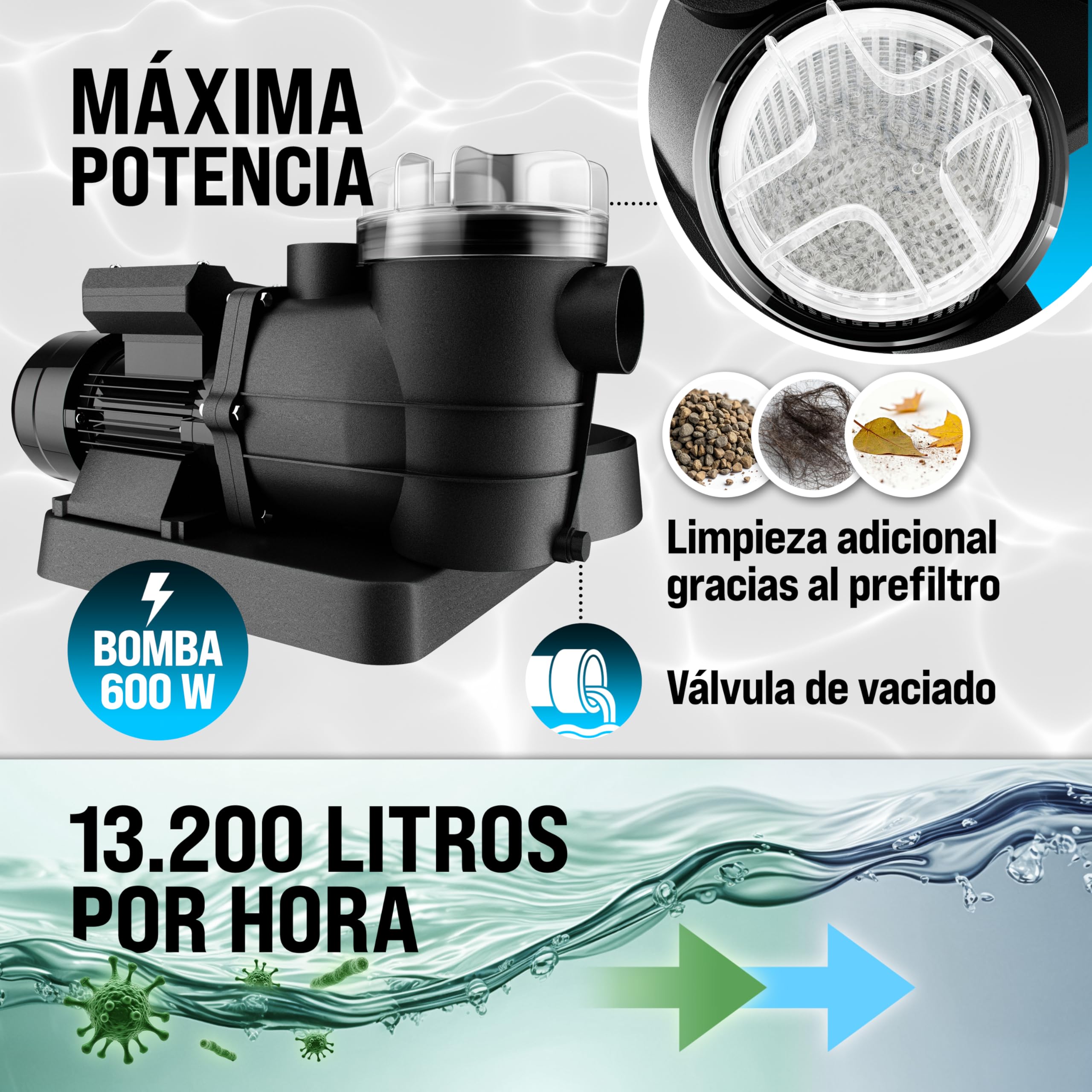MONZANA Depuradora Piscina 13.200L/h | Filtro Arena 58.000L, Vidrio Filtrante, Válvula 7 Funciones Filtrado, Bomba, 600W, Adaptador Ø32-38mm, Indicador Presión