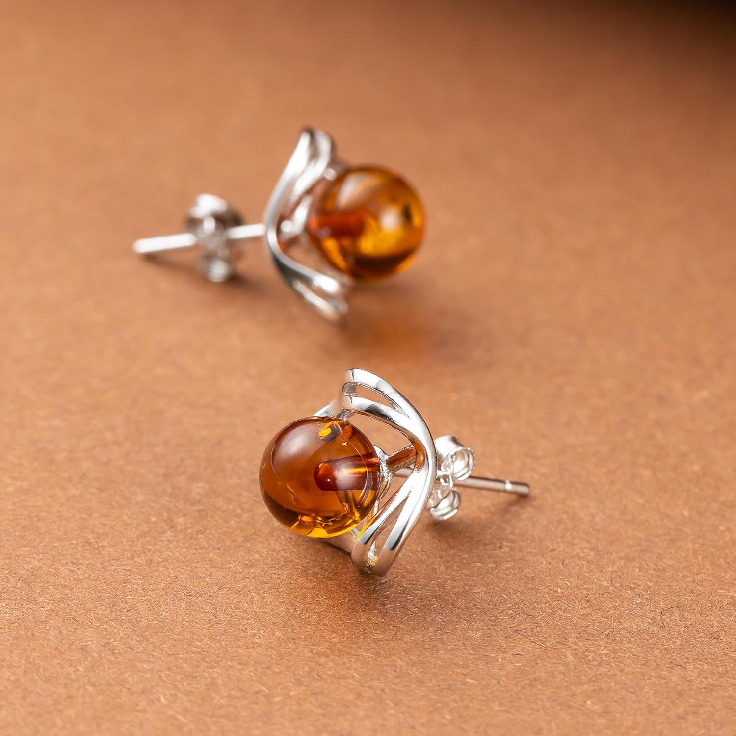 Baltic Round Amber Sterling Silver Flower Ball Earrings for Women - Image 4