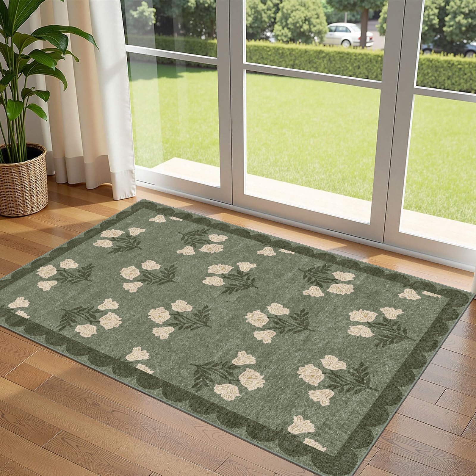 Othilic 3x5 Floral Entry Rug - Small Washable Indoor Outdoor Mats for Front Door Non-Slip Porch Rug Sage Green Vintage Farmhouse Throw Rugs for Living Room Bedroom Entryway Kitchen Office Porch Decor