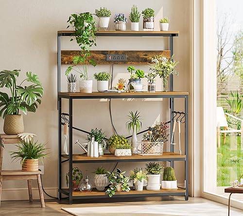 Miniatura 18 de SUPERJARE - Estante de cocina con toma de corriente de 4 niveles, soporte de microondas de cocina con 6 ganchos en forma de S, estante de Marrón