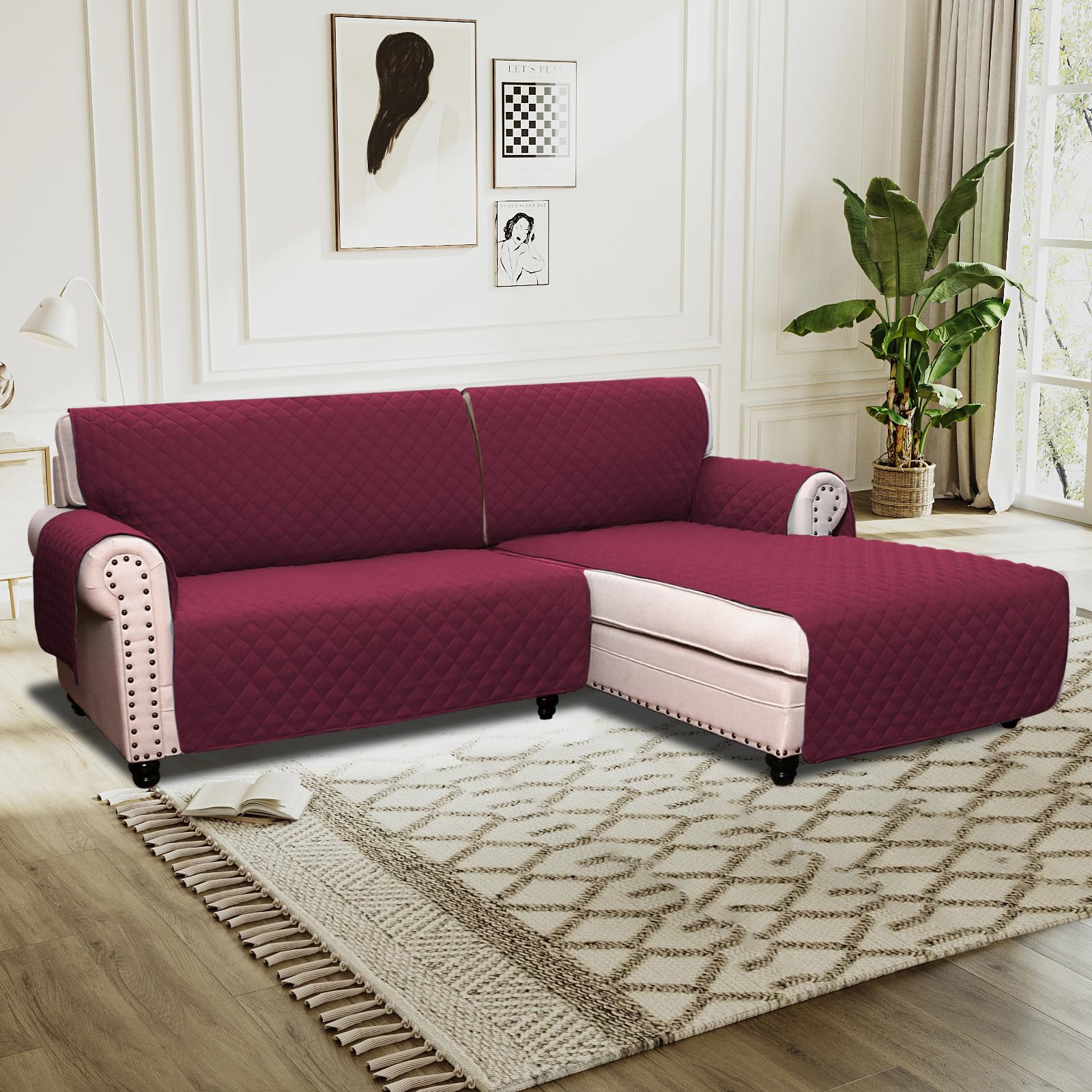 BellaHills Sofa Cover L Shape 2 Piece Couch Cover for Sectional Sofa Non Slip Corner Sofa Cover Water Resistant Chaise Sofa Cover for Dogs (Right Chaise Lounge + 2 Seater, Burgundy) โ image 1
