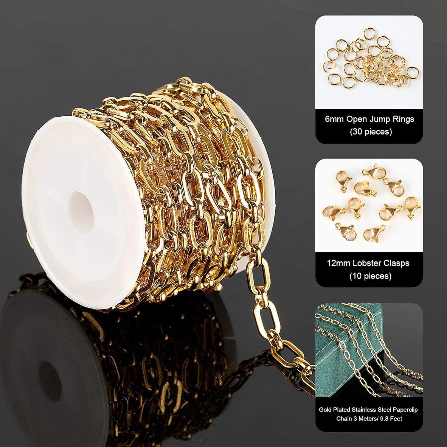 UMAOKANG Gold Plated Necklace Chains for Jewelry Making, 304 Stainless Steel Paperclip Chain Bulk with Lobster Clasps and Open Jump Rings Jewelry DIY Supplies