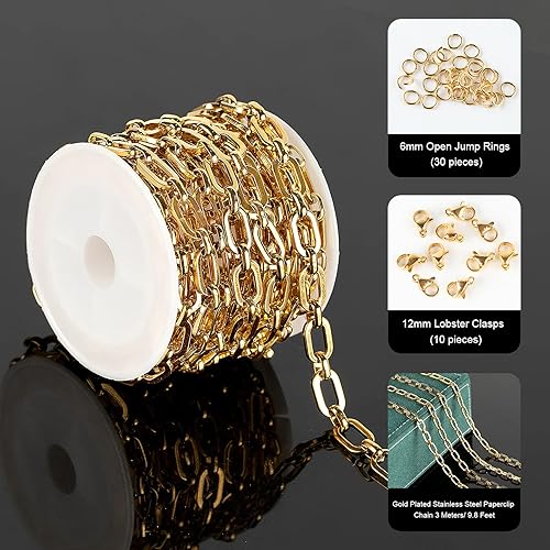 Miniatura 2 de UMAOKANG Cadenas de collar chapadas en oro para hacer joyas, cadena de clip de acero inoxidable 304 a granel con cierres de langosta y anillos