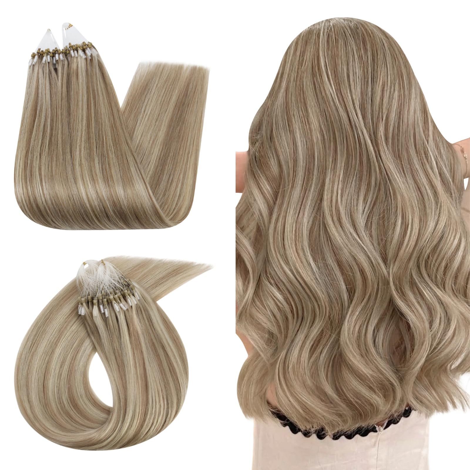 Ugeat Dopinki do przedłużania włosów z prawdziwych włosów, mikro-ringi, platynowy blond, pasemka 60 cm, Remy, mikro-ringi, pasemka, do dłuższych włosów, 50 g, 50 s, #P8A/60