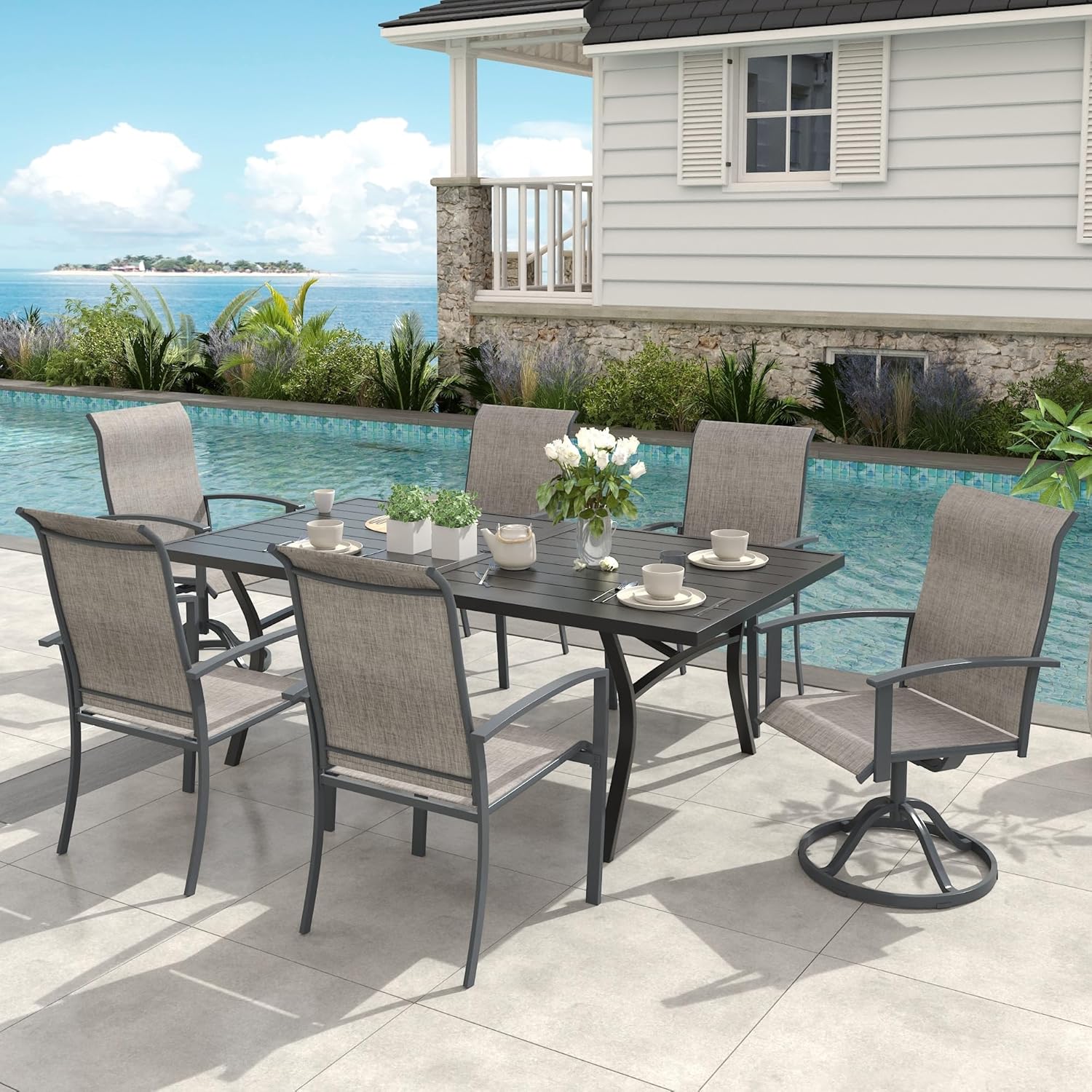 VICLLAX 7 Pieces Patio Outdoor Dining Set, Including 2 Swivel Textilene Chairs, 4 Textilene Chairs and 63" Rectangular Metal Table with Umbrella Hole for Porch, Deck, Garden, Black/Grey