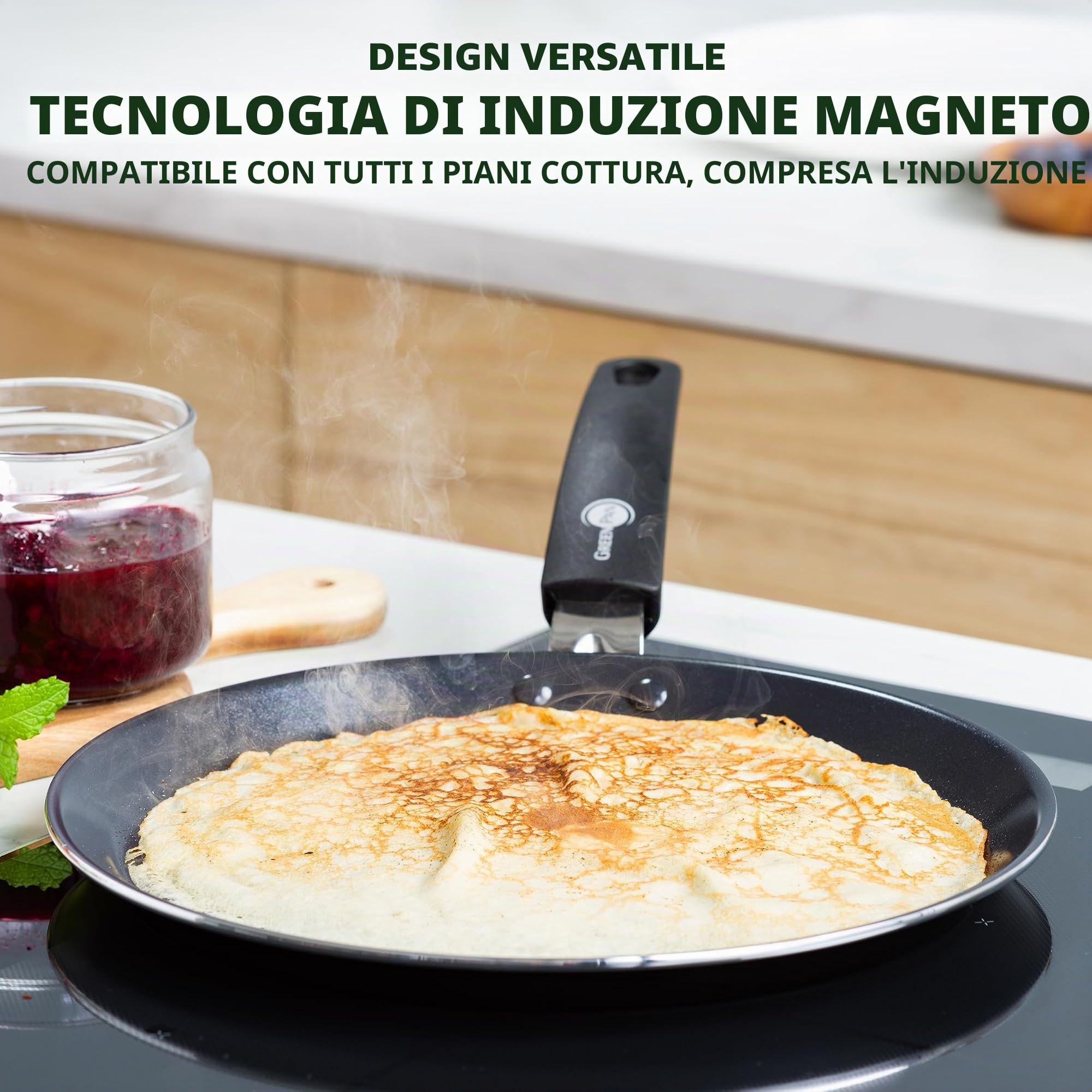 GreenPan Essentials Padella per Crêpes e Pancake in Ceramica Sana e Antiaderente da 28 cm, Senza PFAS, Induzione, Sicuro al Forno e al Griglia fino a 160°C, Lavabile in Lavastoviglie, Nero