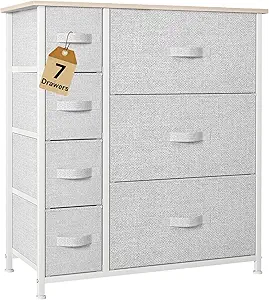 DWVO Dresser for Bedroom, 7 Drawers Fabric Dresser, Organizer Unit for Living Room, Hallway, Closets - Sturdy Steel Frame, Wooden Top & Easy Pull Fabric Bins, Light Gray