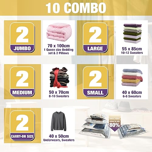 Miniatura 52 de Bolsas de almacenamiento al vacío, 10 bolsas pequeñas para ahorrar espacio, con bomba de mano para viaje, bolsas con sellado al vacío para ropa