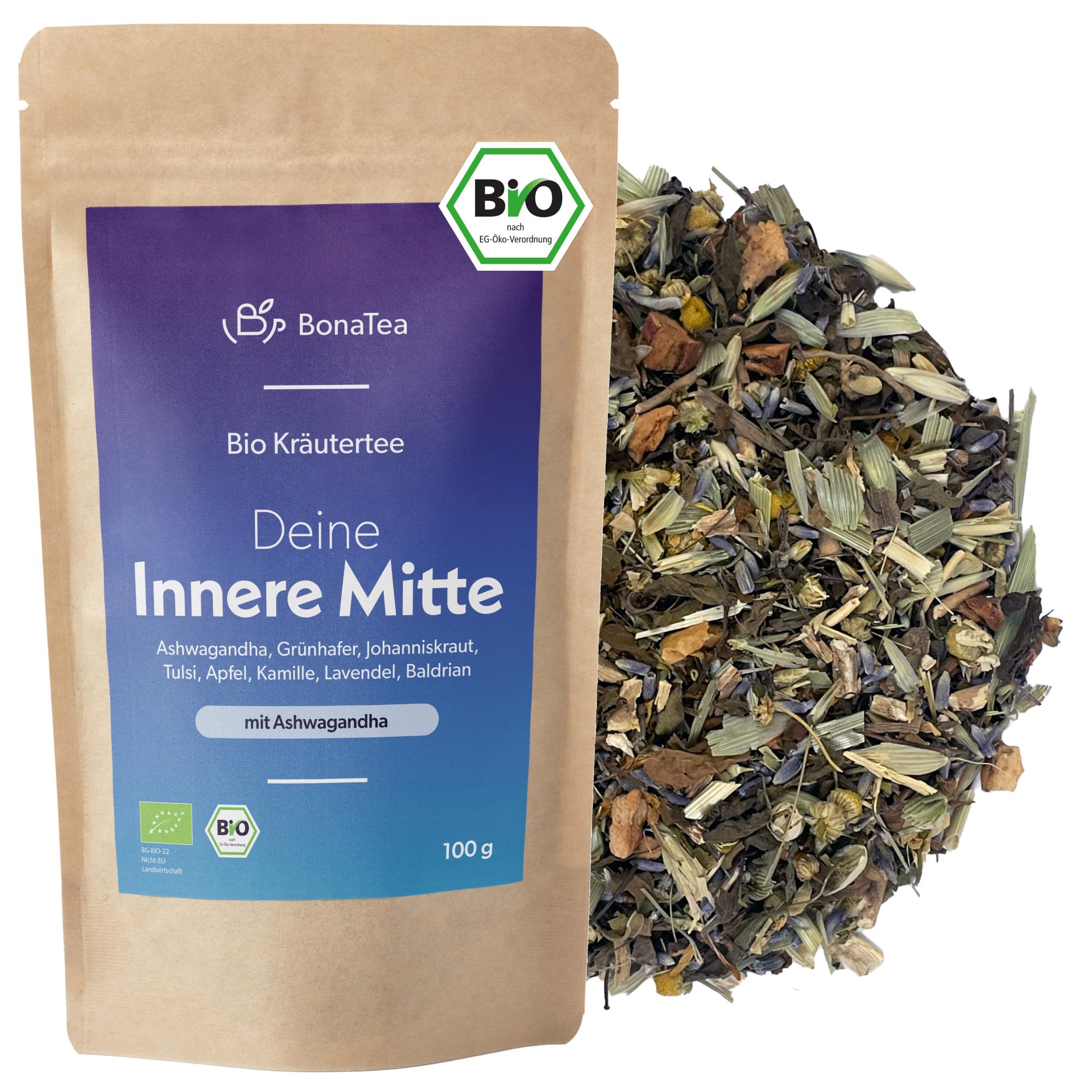 BIO Deine Innere Mitte - Ashwagandha Tee mit Johanniskraut, Baldrian, Tulsi, Lavendel und weiteren Kräutern für deine kleine Pause im Alltag, 100g