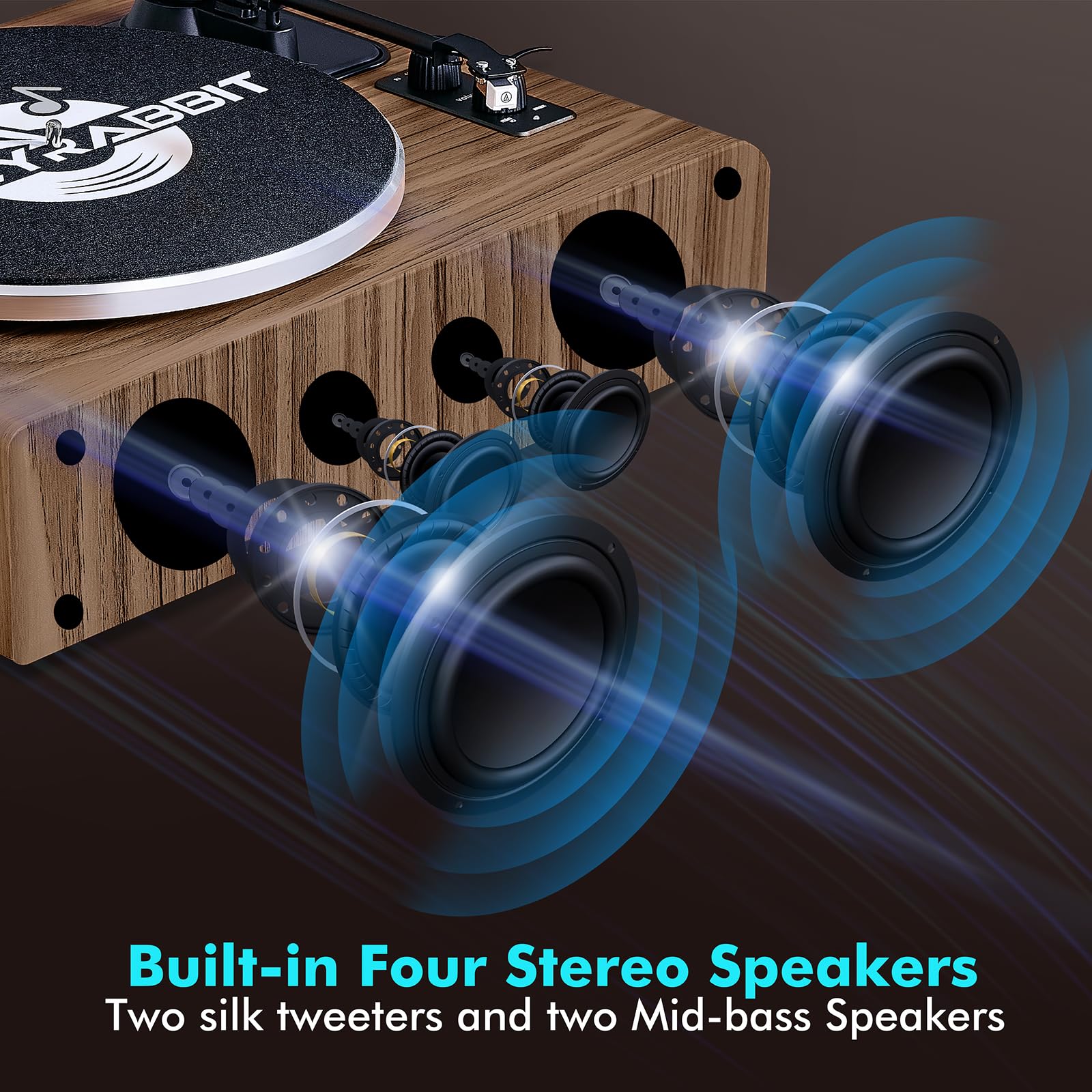 Plattenspieler mit Lautsprechern, Bluetooth Schallplattenspieler mit integriertem Verstärker, Hi-Fi Vinyl Record Player mit AT-3600L Magnet-Tonabnehmer, 2 Geschwindigkeiten (33/45 U/min)