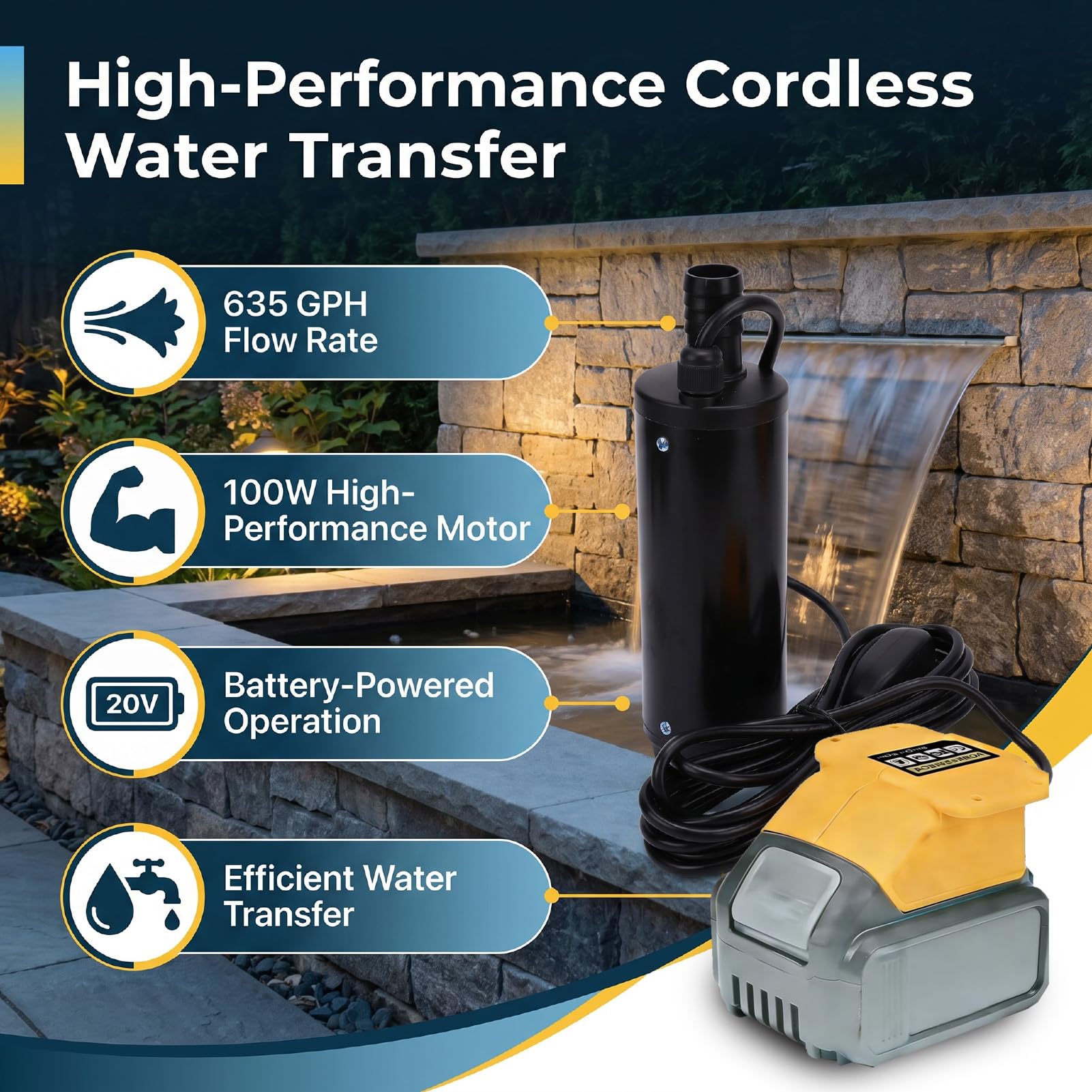 Pompa Acqua Senza Fili, Alta Portata, 100W, Design Efficiente per Piscine