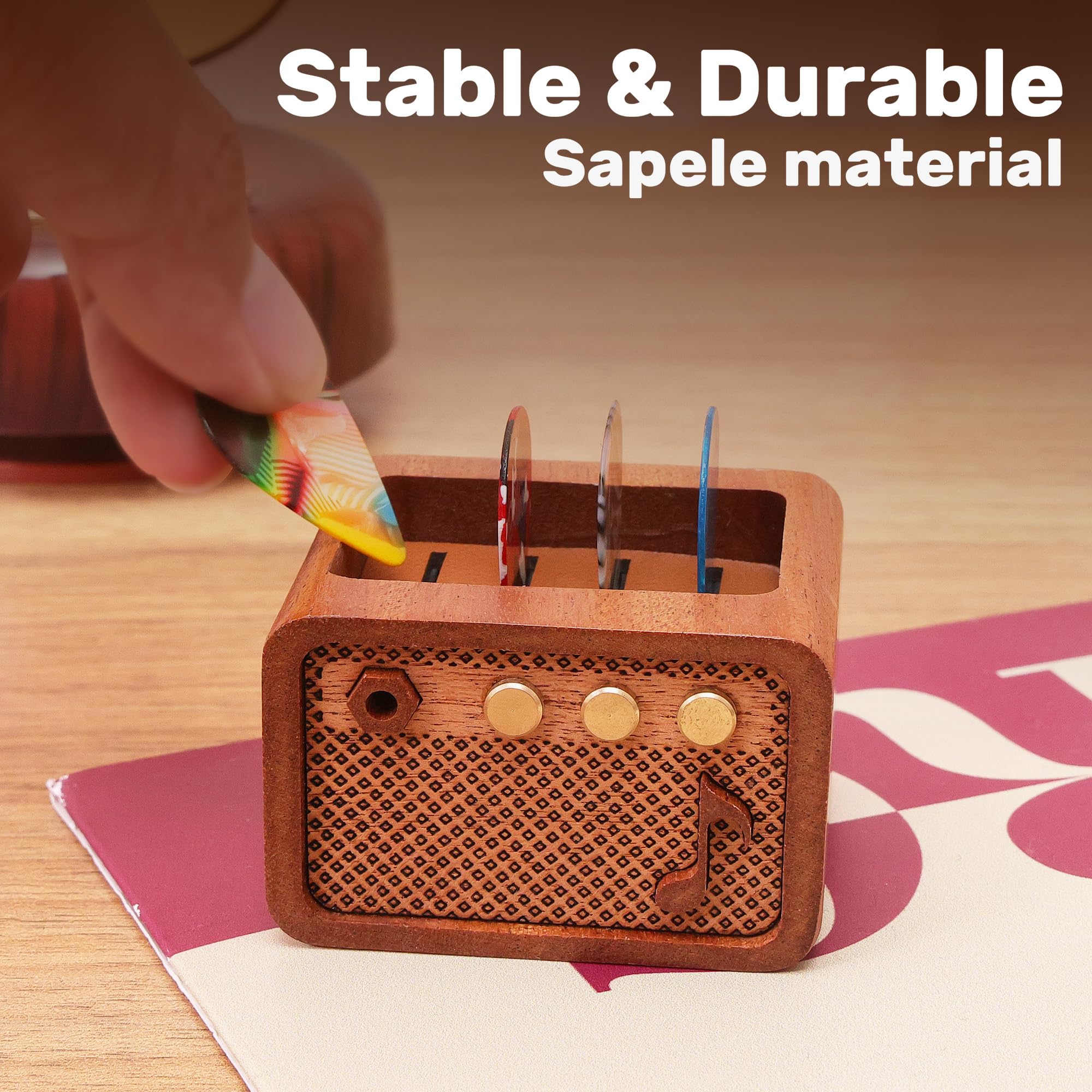 CoolGift Mart Guitar Accessories, Sapele Wood Electric Guitar Amp Shaped Guitar Pick Holder - Image 4