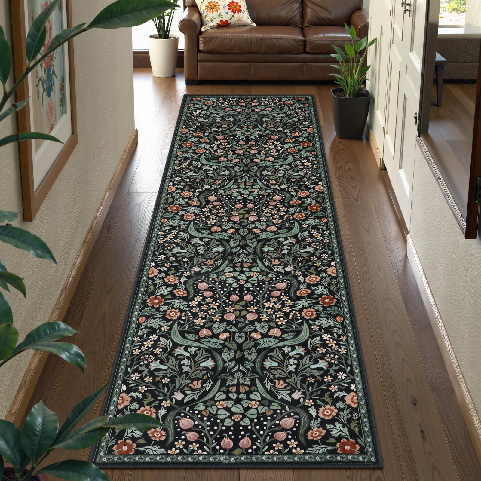 Lahome Floral Washable Runner Rug, 2.6x8 Black Runners for Hallways Non Slip, Soft Low Pile Stain Resistant Kitchen Runner with Rubber Backing, Boho Thin Long Carpet for Entrance Laundry — image 1