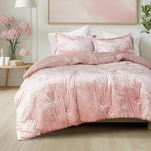 Comfort Spaces Juliette Luxe Comforter Set Velvet Lush with Soft Brushed Microfiber Reverse, All Season Cozy Velvet Bedding Sets, Fluffy Comforter Bed Set, Matching Sham, Blush Full/Queen 3 Piece