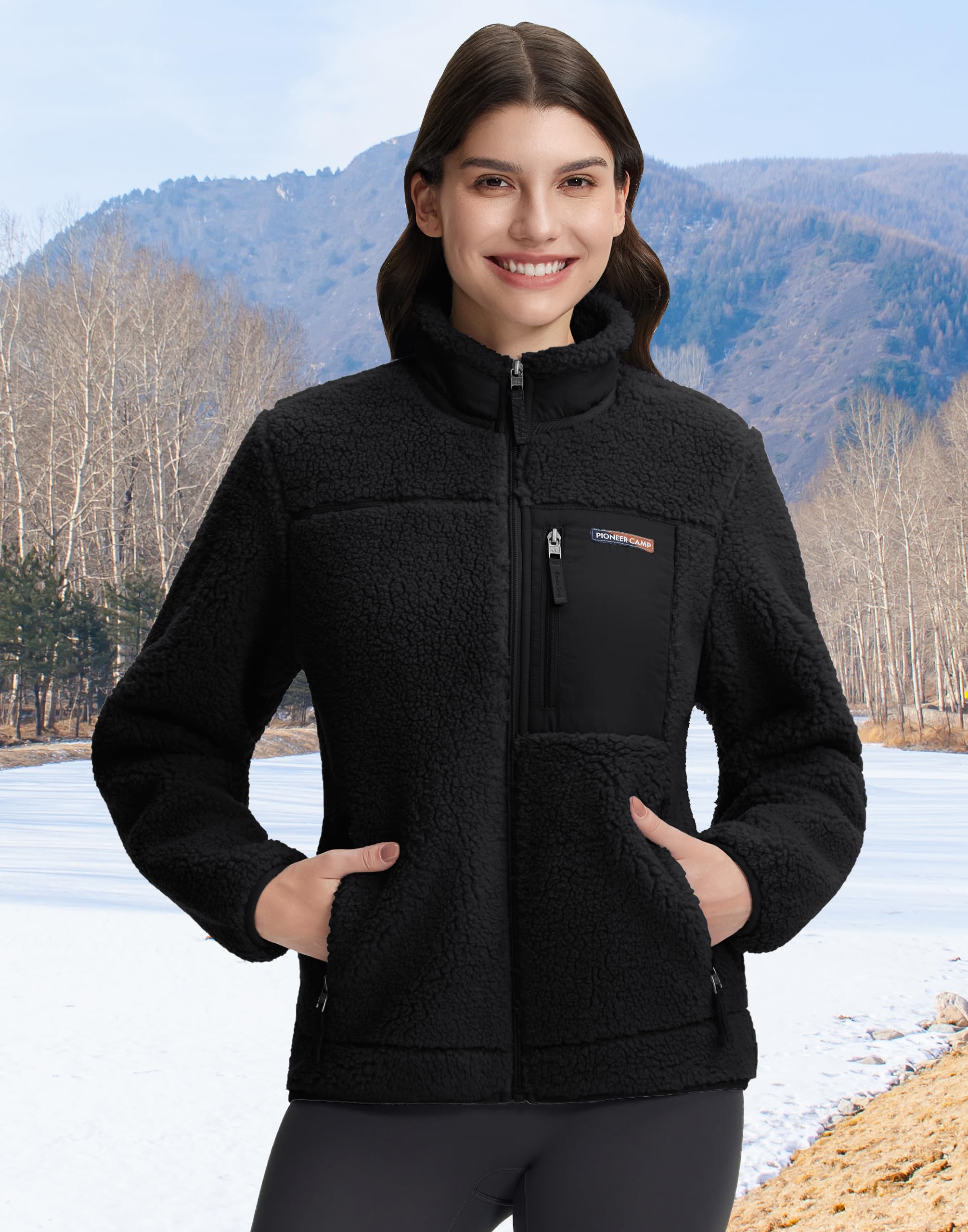 Pioneer Camp Veste Polaire Femme à Col Montant - 550g Ultra Épaisse, Anti-Vent - Pour Randonnée, Ski, Alpinisme - Tissu Haute Densité Anti-Bouloche - Pochettes Zippées, Ourlets Élastiques